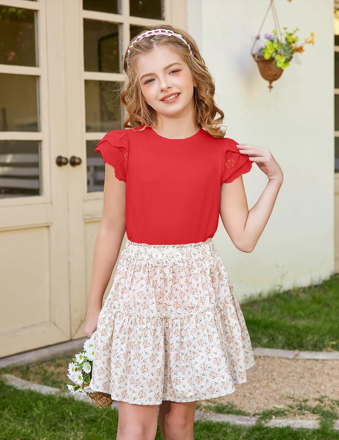 Arshiner Girls T Shirts Lace Petal Short Sleeves Kids Crewneck Casual Blouse Summer Tops Tees - Image 5