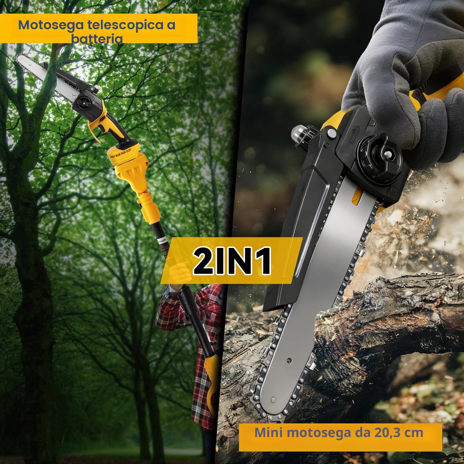 Roadtime Sega a catena telescopica a batteria 2 in 1 & 8 pollici per DeWalt 20 V (senza batteria), sega da potatura senza spazzole con 2 catene di ricambio, per rami degli alberi, taglio del legno