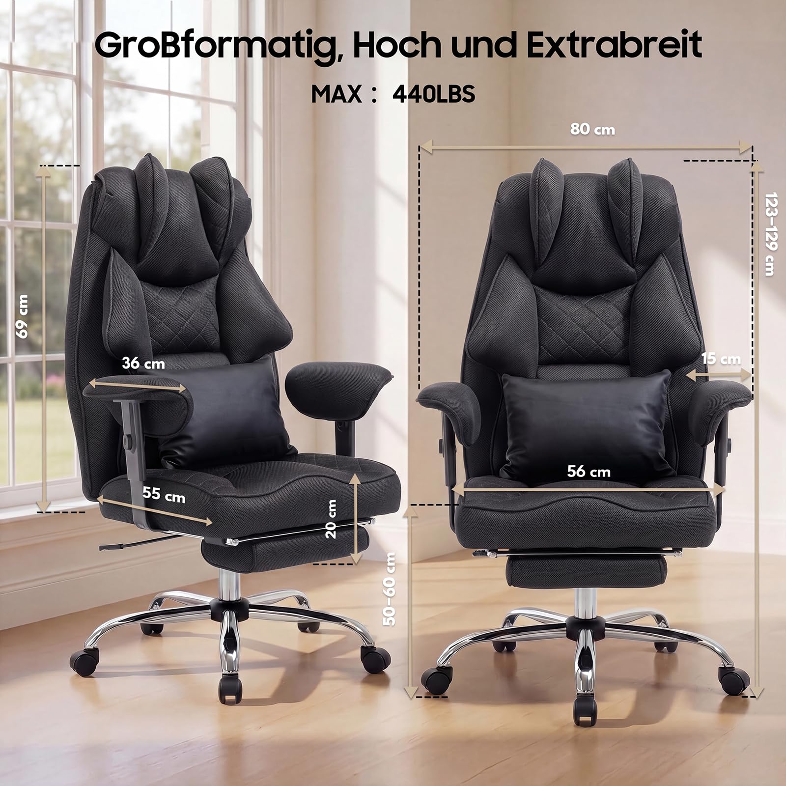 Ergonomischer Bürostuhl 200kg, XXL Chefsessel Fußstütze Homeoffice | XXL Schreibtischstuhl Ergonomisch, 90–135° Rückenlehne, W-Form Sitzkissen, Lendenkissen, Mesh Stoff Schwarz