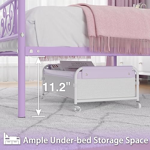 Miniatura 5 de Weehom Marco de cama de metal tamaño individual con almacenamiento de cama, no necesita somier, listones de acero resistente para niños, niñas,