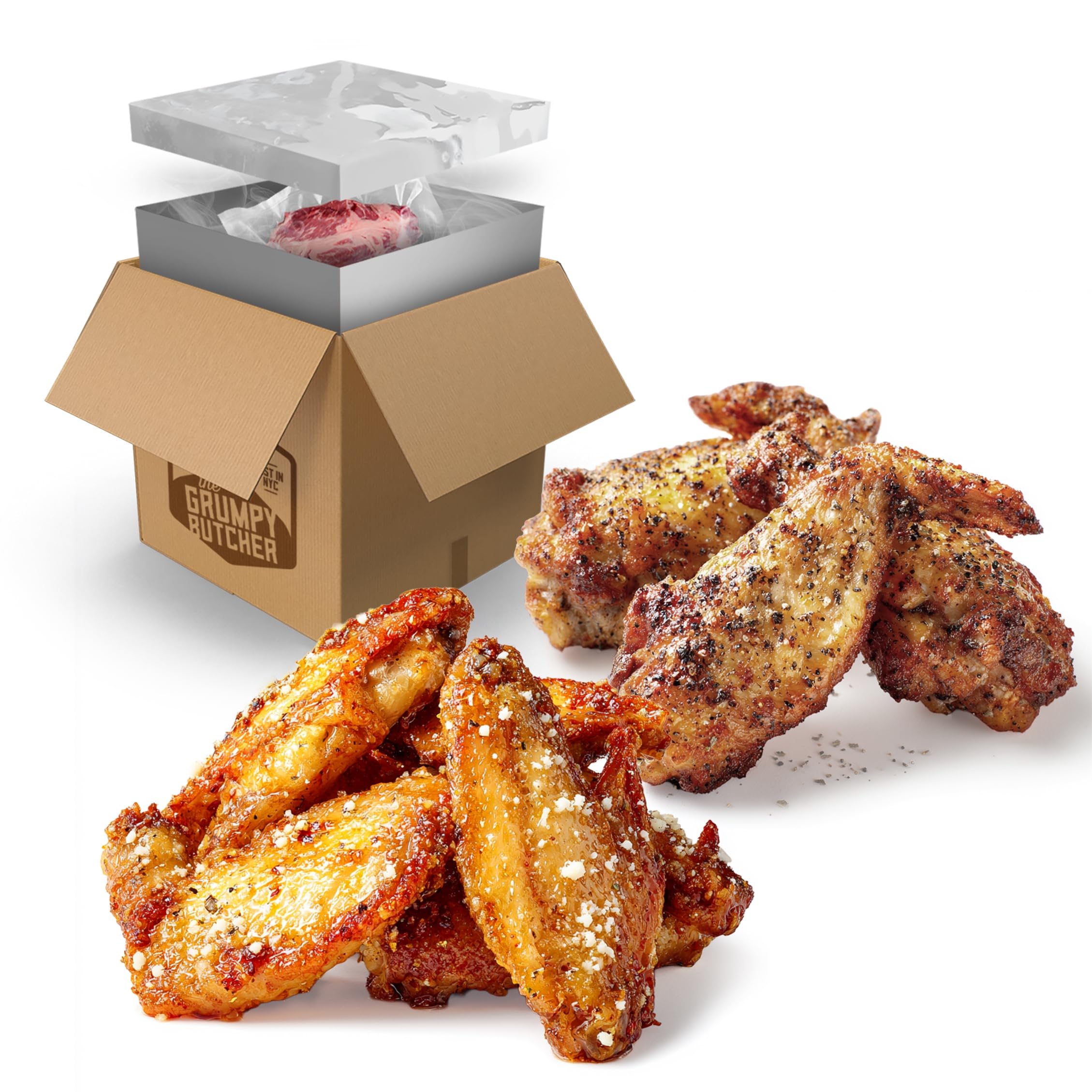 Grumpy Butcher Heritage Chicken Wings Cooked & Microwaveable Sampler, 2 Pack (20 oz each) – Set of Garlic-Parmesan and Smoky Salt & Pepper Flavor, 1 each – Fully-Cooked Microwaves from Frozen in 4 Minutes – Grill, Bake or Heat & Eat