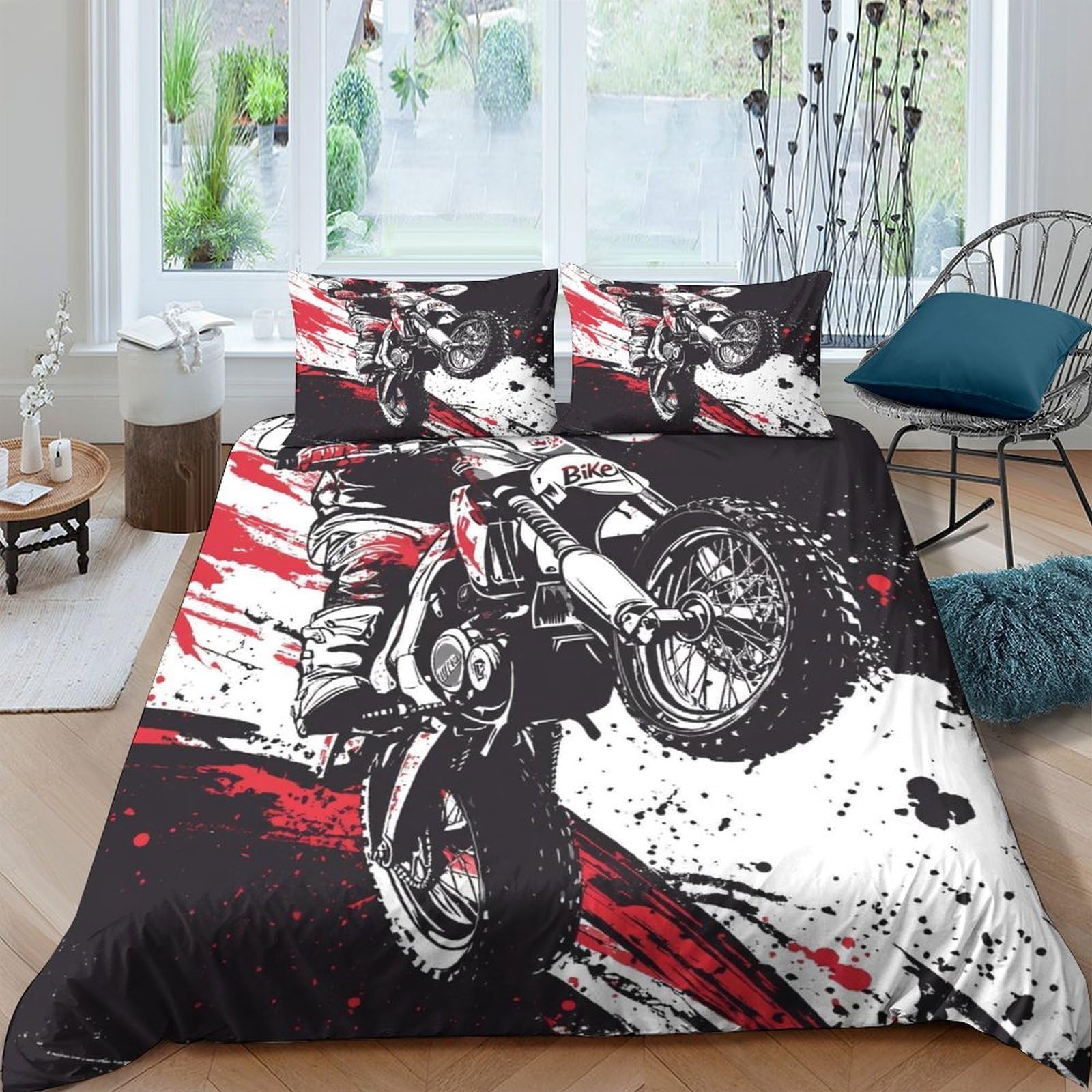 Ctjqhvkz Style-6 3D Printed Motocross Action Fitted Sheet Microfiber Soft Black Red Dirt Bike Bed Cover For Bedroom Decor Mattress Protection Single（135X200cm）
