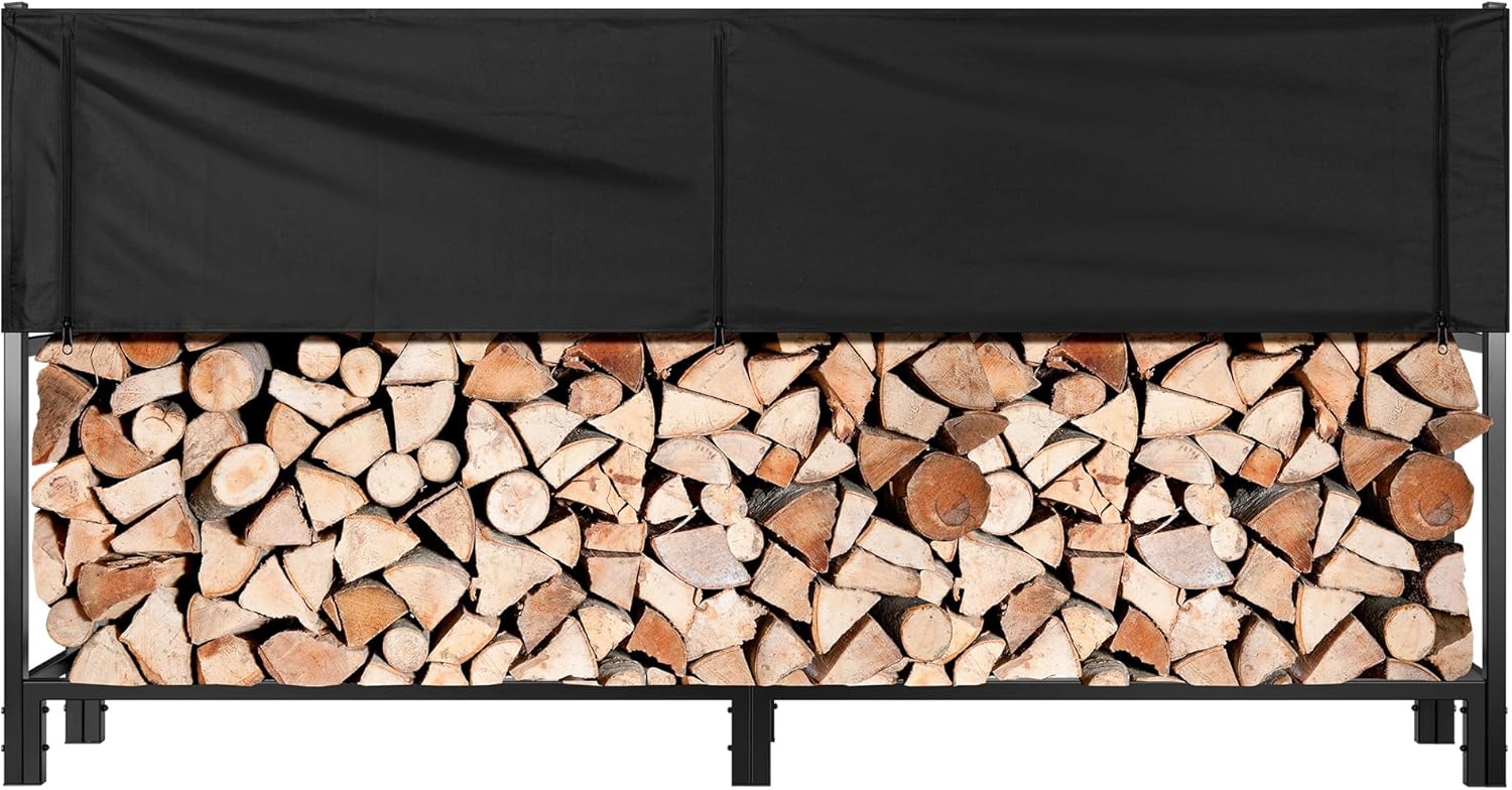 VIVOHOME Upgraded Heavy Duty 8 ft 1/2 Cord Firewood Rack Outdoor with Cover Combo Set, Thick Steel Log Holder Up to 3300 lb, Fire Wood Pile Storage Stand Organizer Black 8ft