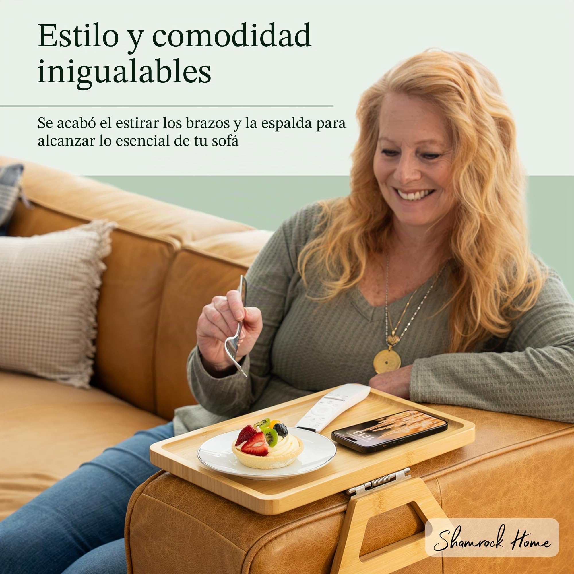 Shamrock Home Mesa de bambú con reposabrazos para sofá, bandeja de clip para sofás, bandeja para sofá para cenas de TV, mandos a distancia, bebidas, aperitivos y espacios pequeños, 13.7 x 9.5 pulgadas