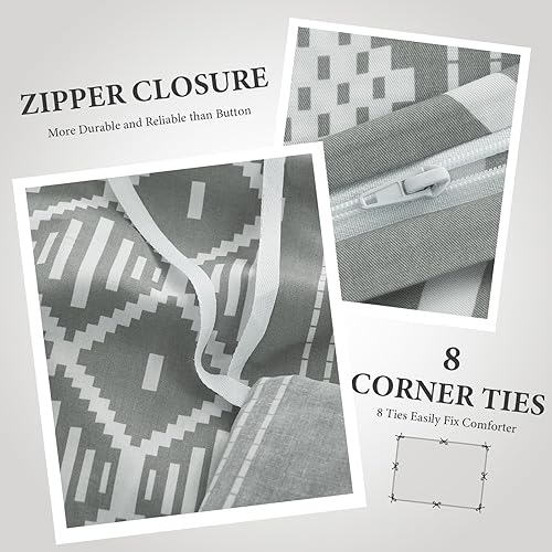 Miniatura 5 de Funda de edredón geométrica tamaño King  100% algodón abstracto gris bohemio patrón impreso, juego de funda de edredón de 3 piezas incluye 1 funda