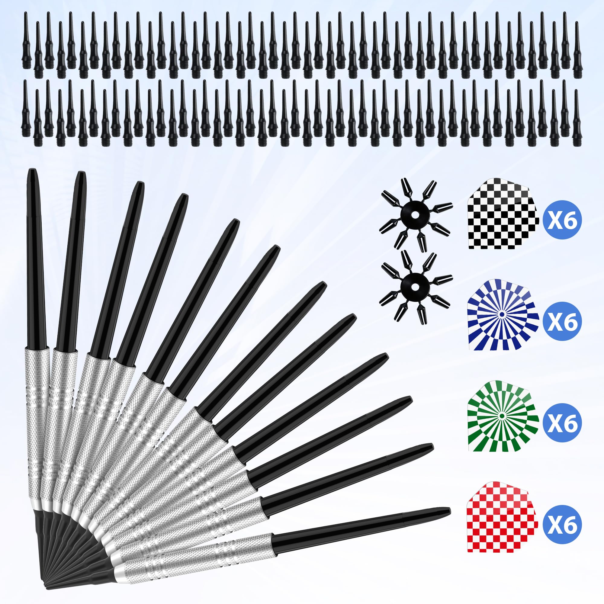 Elalove 12 Fléchettes à Pointe Plastique 14g avec 100 Embouts Remplacement et 24 Ailettes- Set Professionnel pour Cibles Électroniques - Darts Souples et Durables en Matériau Plastique