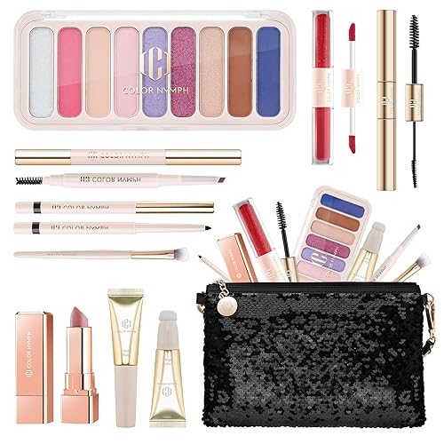 Color Nymph Kit de maquillaje todo en uno para mujeres y niñas, juego de regalo de cosméticos con bolsa de hombro de lentejuelas, incluye paleta de
