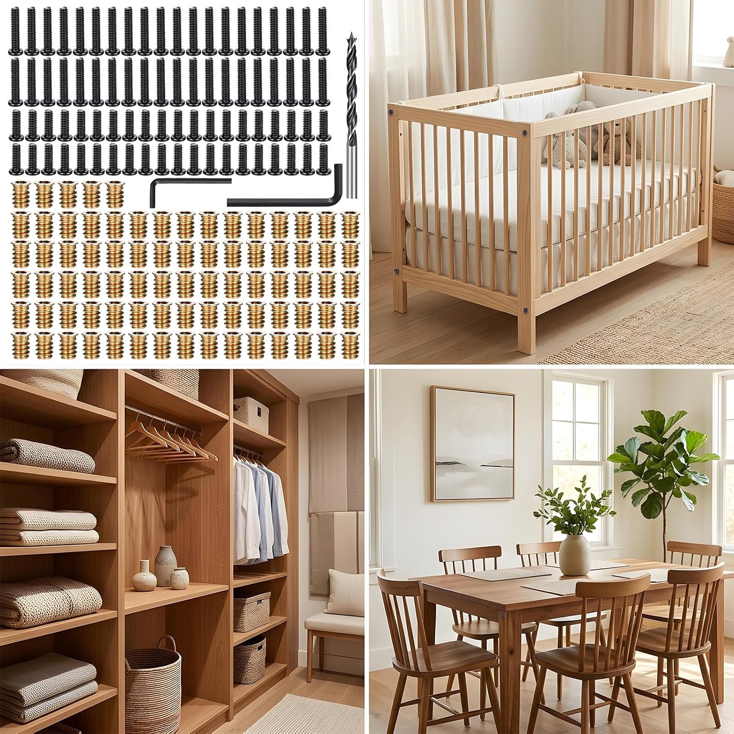 163-Piece 1/4"-20 Threaded Inserts for Wood Furniture, 80 Brass Insert Nuts, 40pcs 1/4"-20 x 3/4" Bolts, 40pcs 1/4"- 20 x 1-1/4" Bolts, Twist Drill Bit & 2 Wrenches, Complete Furniture Fastener Kit