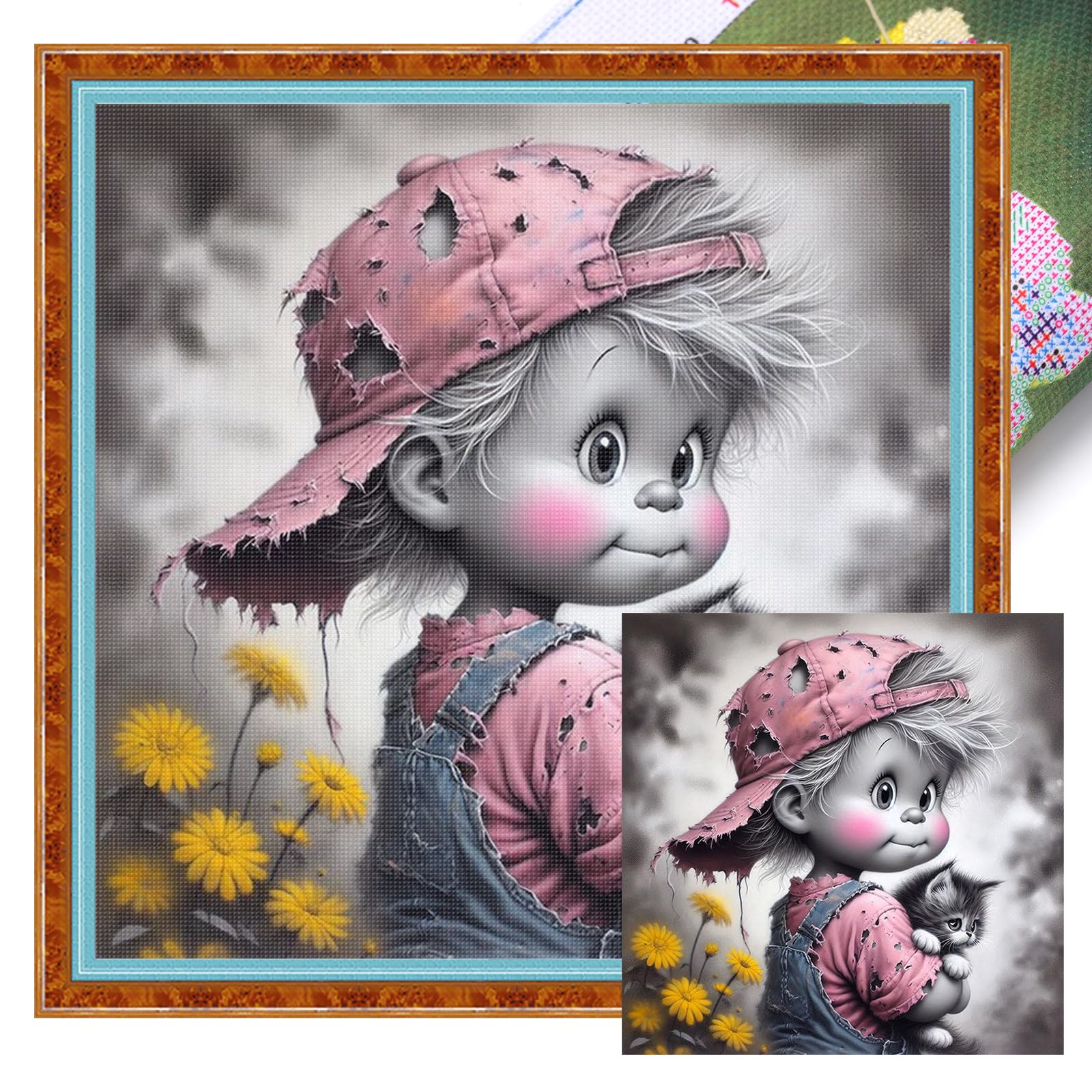 Poetrydraw Boys And Kitten And Kitten Full 11Ct 3 Strand Diy Stamped Cross Stitch Kits For Home 45X45cm ( And Kitten)