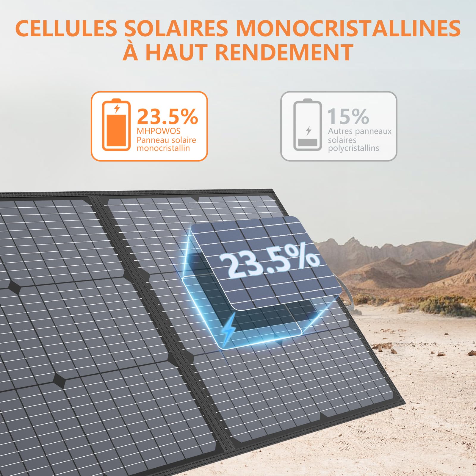 Panneau solaire portable 110W, kit de panneau solaire pliable étanche IP67 avec sortie 20V, module d'efficacité 23.5% pour le camping en plein air, station d'alimentation portable