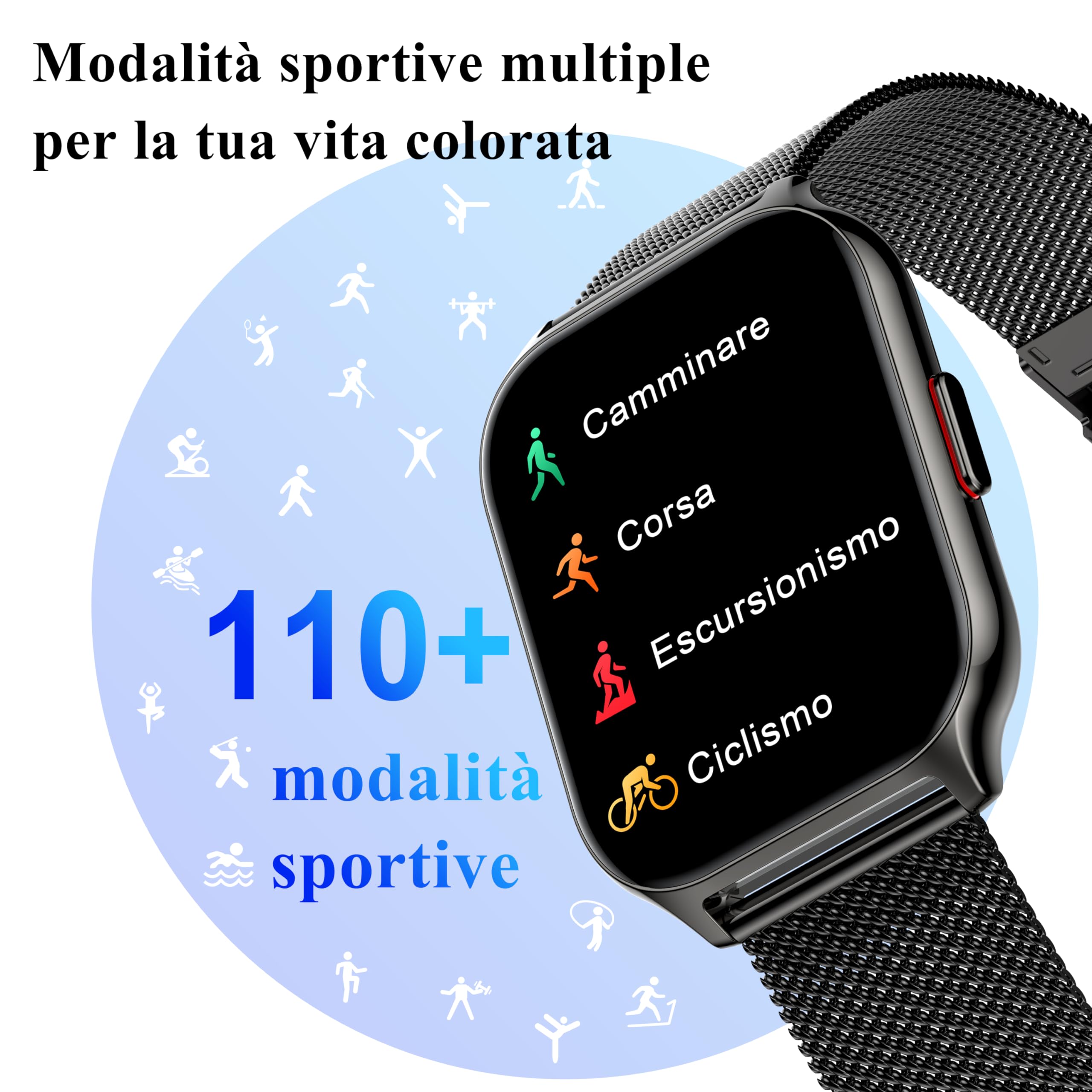 Popglory Smartwatch, Uomo Donna Effettua/Risposta Chiamate Orologio, 100+ modalità Sportive Fitness, SpO2/Pressione Sanguigna/Sonno Monitor, 24H Cardiofrequenzimetro, Compatibile con iOS/Android
