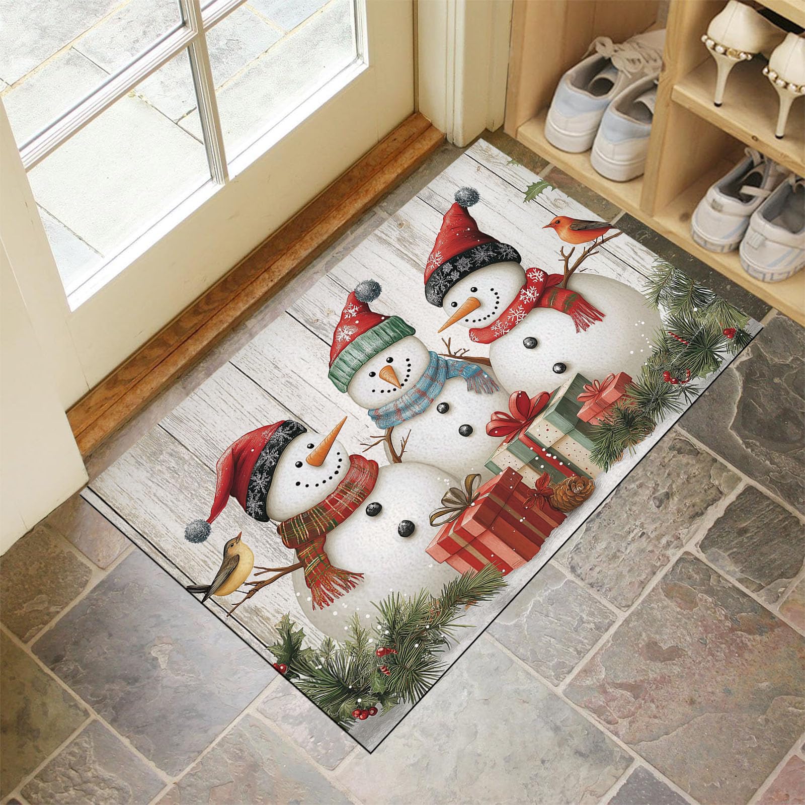 Tapis Bonhomme Neige Noël Peint À La Main 90X150Cm En Fausse Laine Beige Pour Salle De Bain Cuisine, Petit Paillasson D'Entrée D'Intérieur, Effet Bois Vieilli, Tapis De Sol Antidérapant Lavable