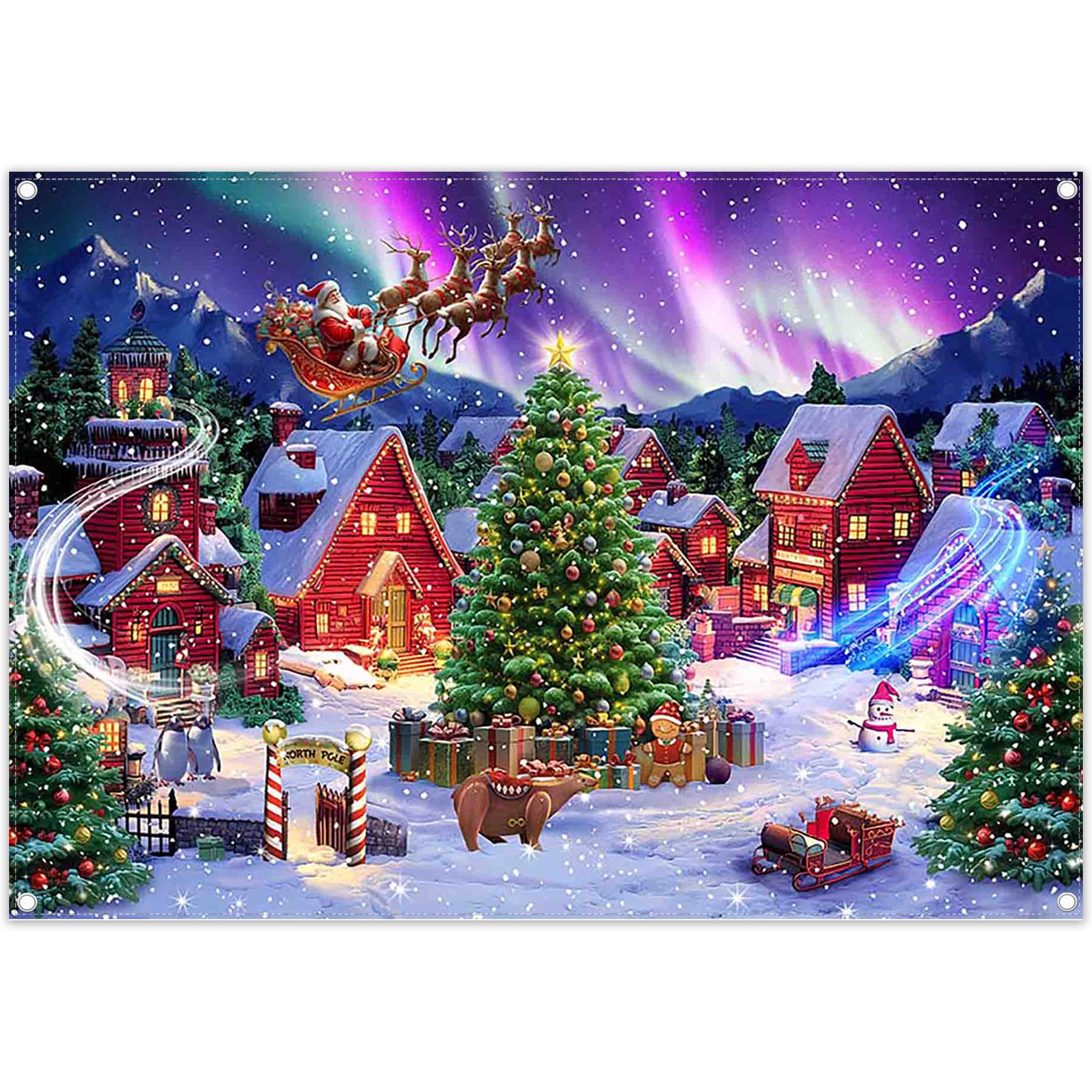 Luminora 3 x 2,4 m Toile de Fond Ville Arctique de Noël, Maison des Elfes | aurore polaire, Père Noël, pays des merveilles, bonhomme de neige d'hiver, décoration de traîneau, bannière photo de fête