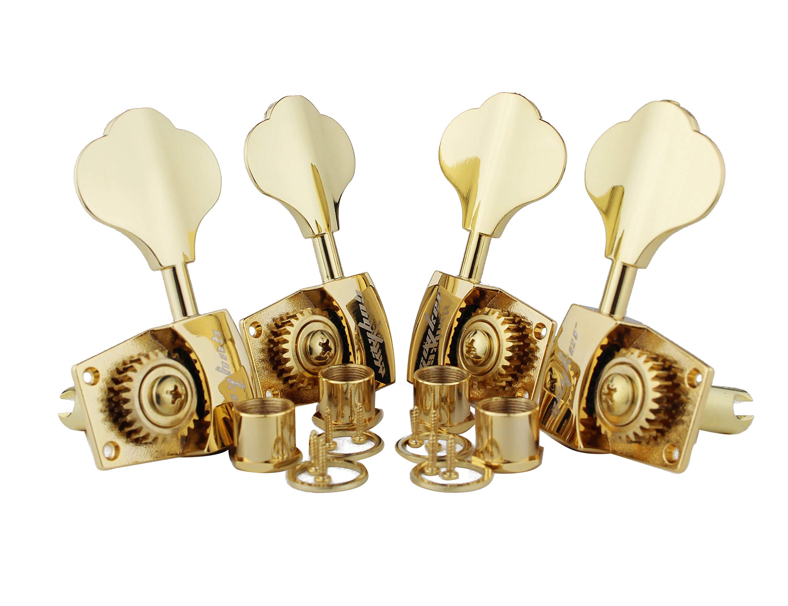 Guyker Bass Tuners (2R + 2L) - 1:26 Ratio Open Gear Tuning Key Pegs Machine Head Replacement for Electric Jazz Guitar Bass or Precision Instruments - Gold