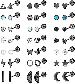 SAILIMUE 21Pairs Stainless Steel Stud Earrings Set for Women Men 20G Tiny Cartilage Stud Earrings Star Moon Triangle Heart Leaf Opal Stud Earrings Hypoallergenic Flat back Earrings Piercing Jewelry