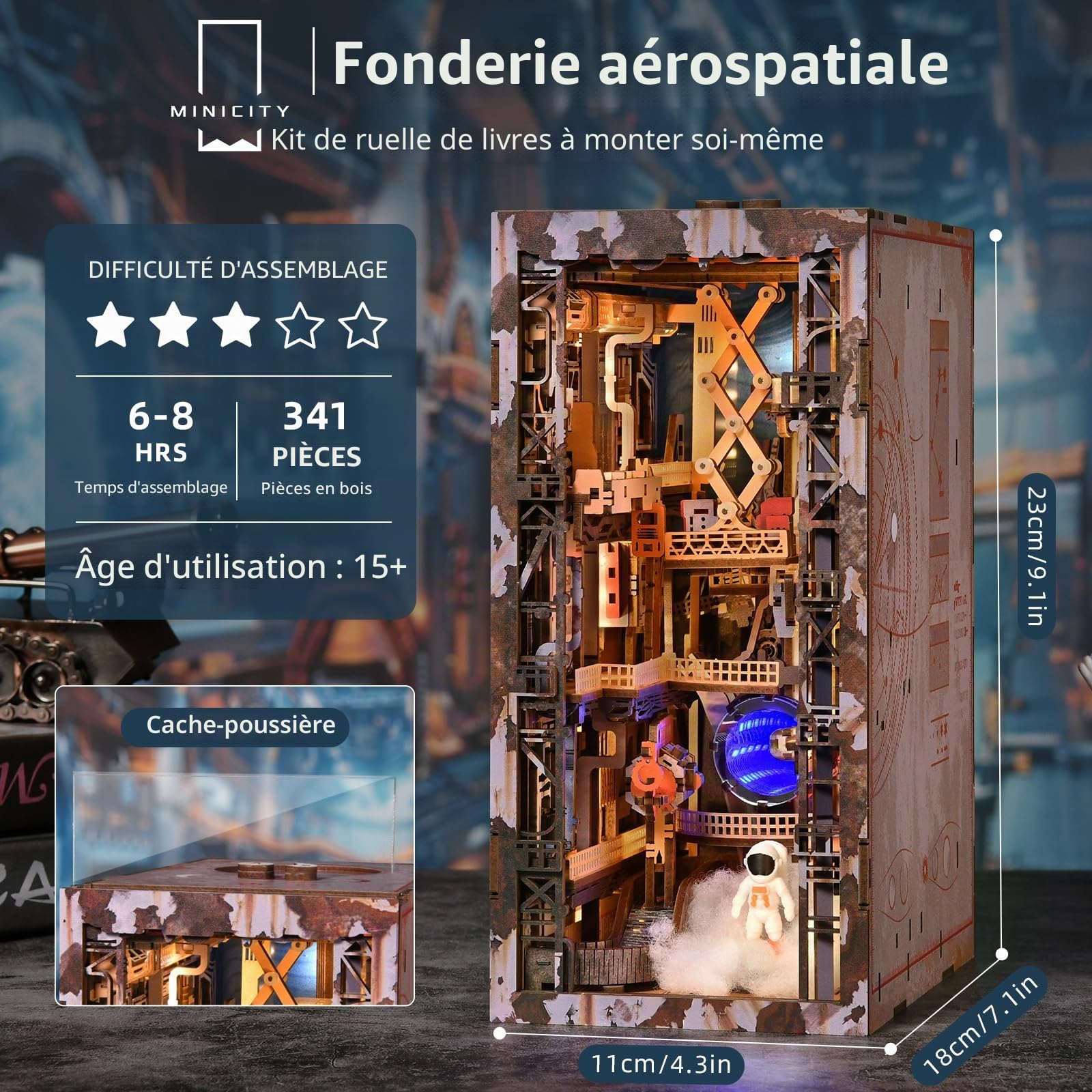 MiniCity Fonderie Aérospatiale Kit Book Nook DIY, Maquette en Bois avec LED