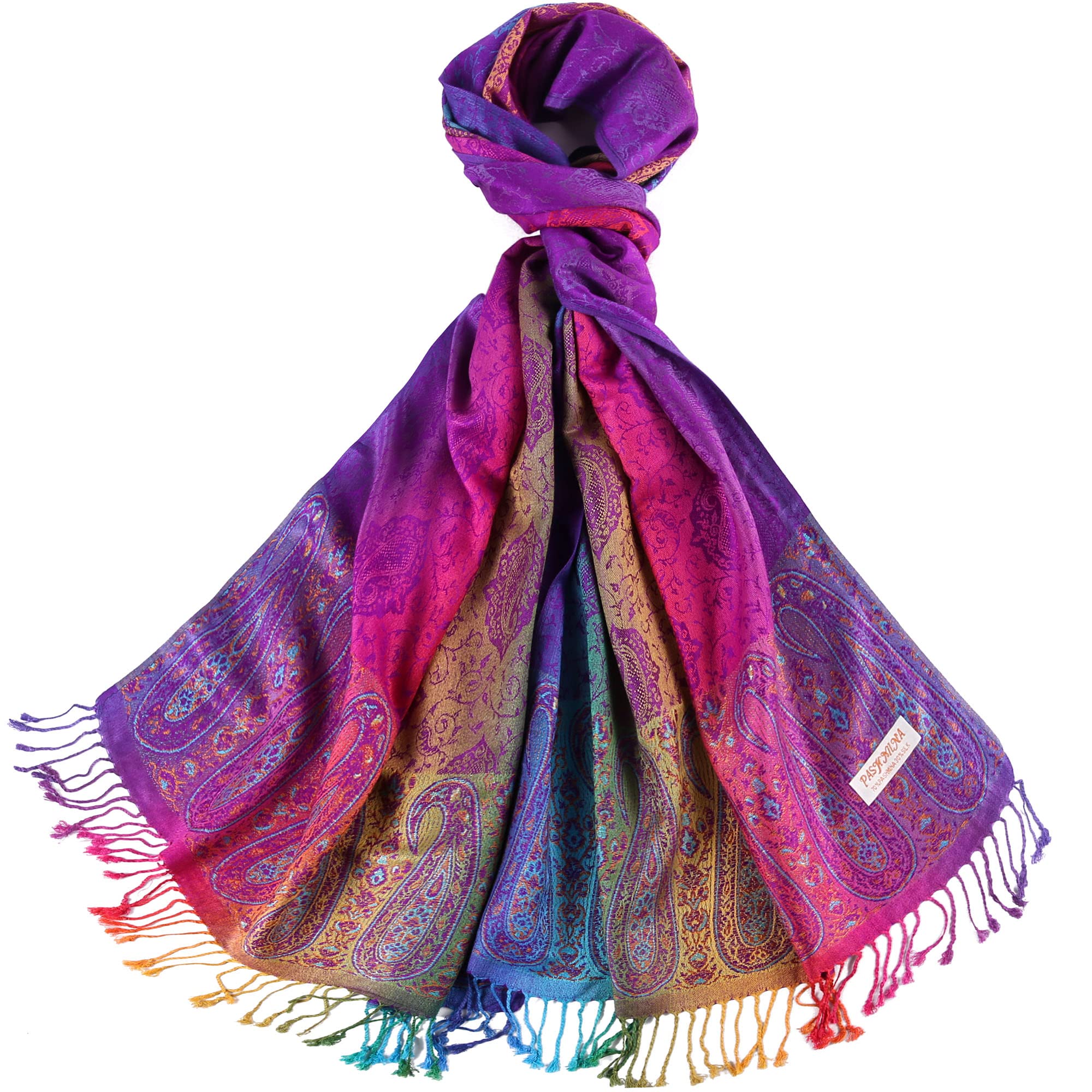 Becolored Women's 7 Colorful Rainbow Paisley Jacquard Pashmina Silk Wrap Shawl Tassels Scarves, Large