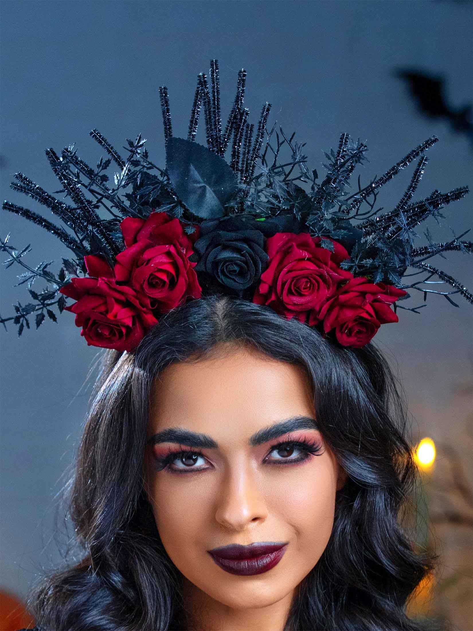 Woeoe Halloween FLower Halo Crown Day of The Dead Headband Rose Floral Hair Band Gothic Hair Hoop for Women Halloween Party Cosplay Dress up Costume Hair Accessories