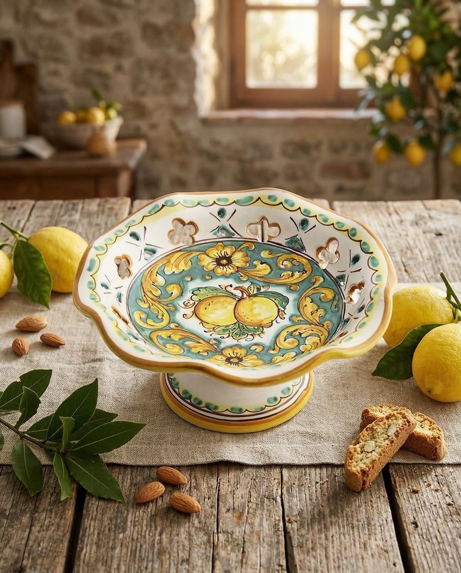 ILAB Centrotavola alzata piccola in ceramica decorata a mano da ceramisti siciliani di Santo Stefano di Camastra limoni art 5