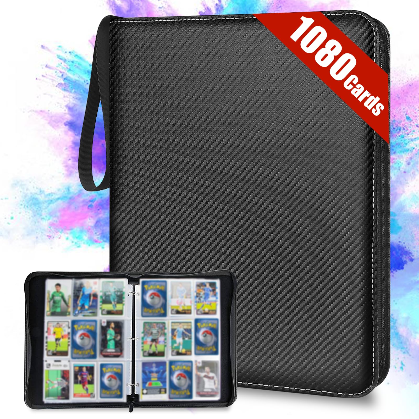 9 Pockets Card Binder about 1080 Pockets Waterproof PU Leather trading card binder Extra Large Card Album Holder with Removable Sleeves Zipper for Pokemon Yu-Gi-Oh Sports Game Cards Collect (black-1)