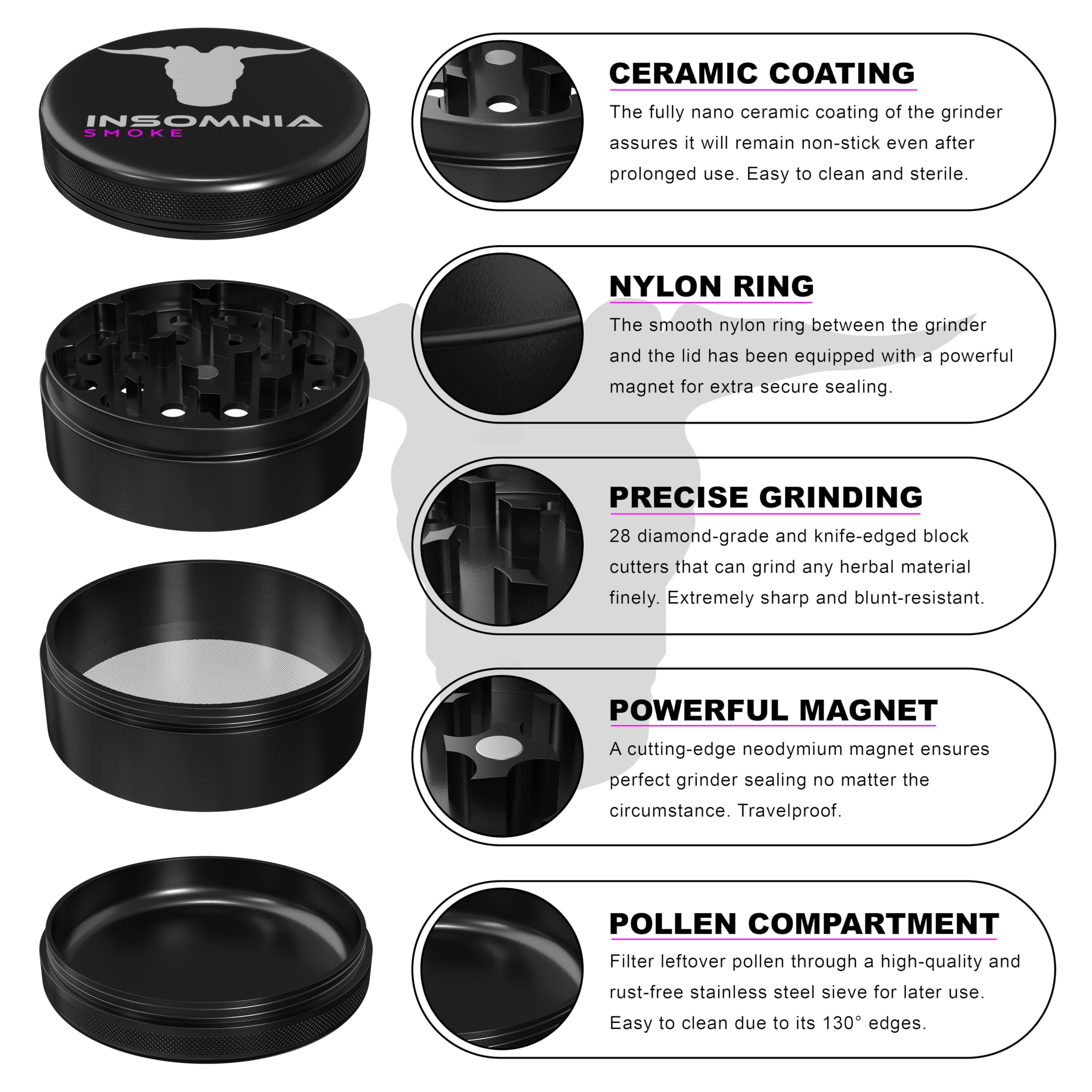 Grinder per Erbe | Grinder Premium in Metallo di Alluminio a 4 Parti con Filtro per Polline, Coperchio Magnetico, 28 Denti Affilati, Rivestimento in Ceramica, Facile da Pulire e Antiade (Nero)