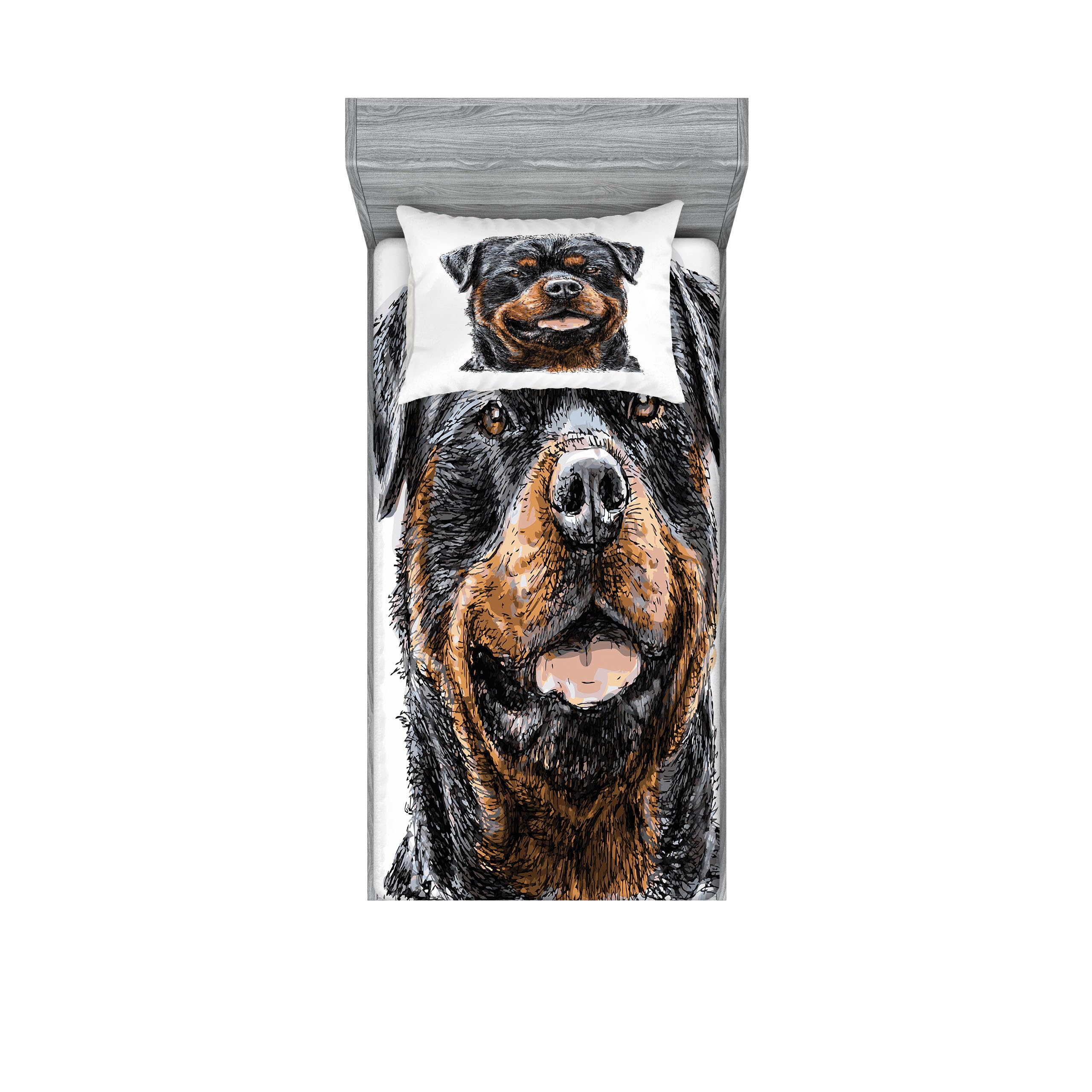 Ambesonne Rottweiler Fitted Sheet & Pillow Sham Set, Hand Drawn Image of Dog Type Realistic and Furry, Decorative Printed 2 Piece Bedding Decor Set, Twinxl, Brown Grey