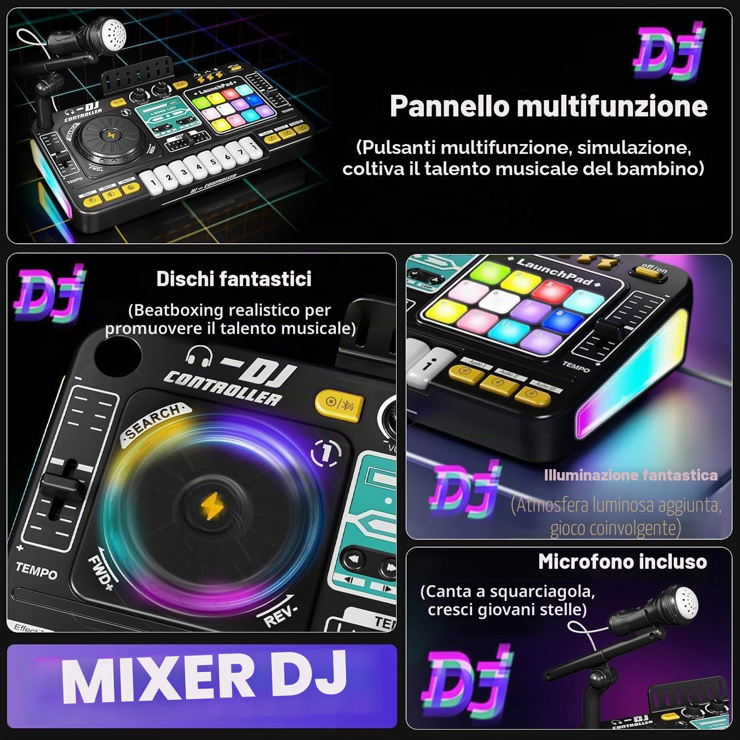 RedCrab Bambini Mixer DJ, Giradischi Mixer per Bambini con Oltre 100 Effetti sonori, Tastiera Musicale Interattiva per Bambini, Set DJ Musicale Educativo per Ragazzi e Ragazze (Nero)
