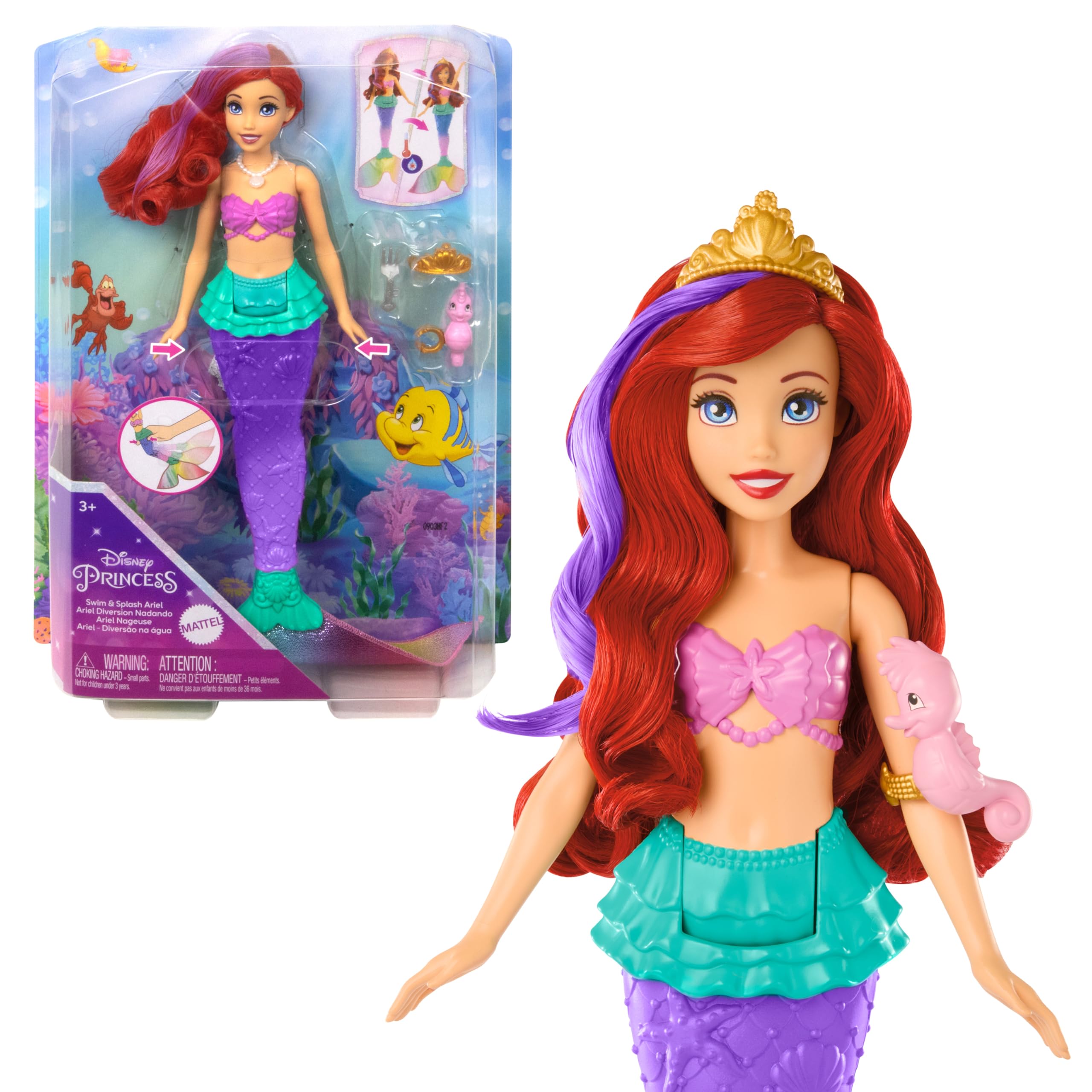 Mattel Disney Princess Ariel Sirena Nuotatrice Bambola Fashion | Capelli e coda che cambiano colore, azione nuoto e spruzzi ispirati al film Disney La Sirenetta (esclusiva Amazon)