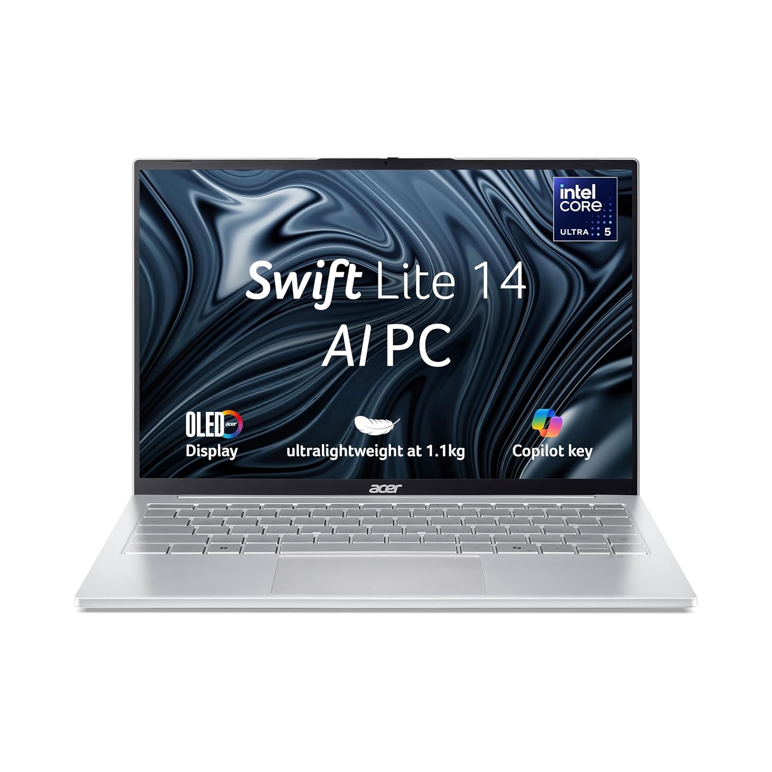 acer Swift Lite 14, Intel Core Ultra 5 115U/16 GB/512 GB/14.1″ OLED/Win 11 Home + MSO, Light Silver, 1.1 kg, SFL14-54M, Backlit Keyboard, Premium Thin and Light Laptop