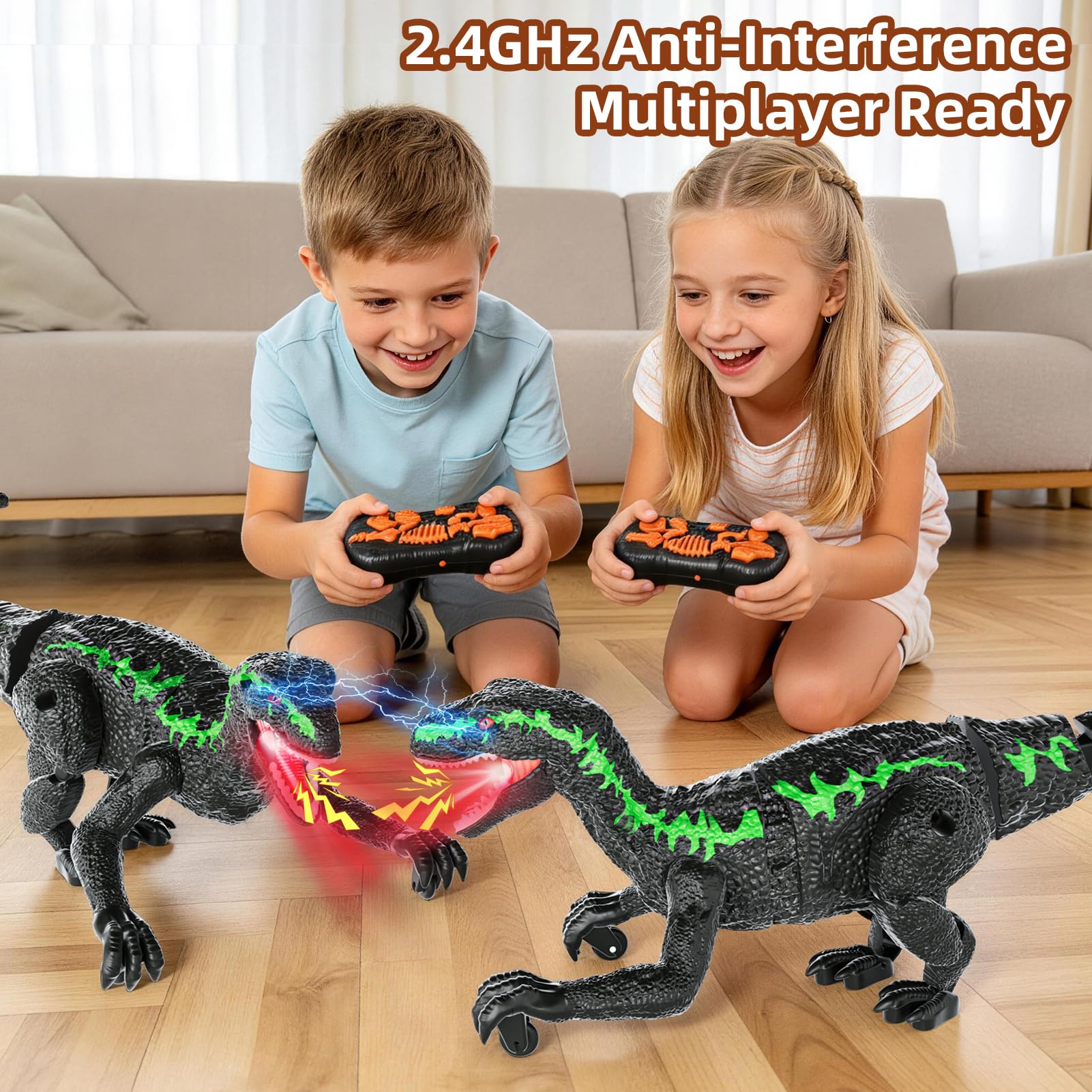 Dinosauro radiocomandato verde, regalo di compleanno per bambini 3-12 anni. Modello robot realistico con cammino, ruggiti ed effetti luce LED