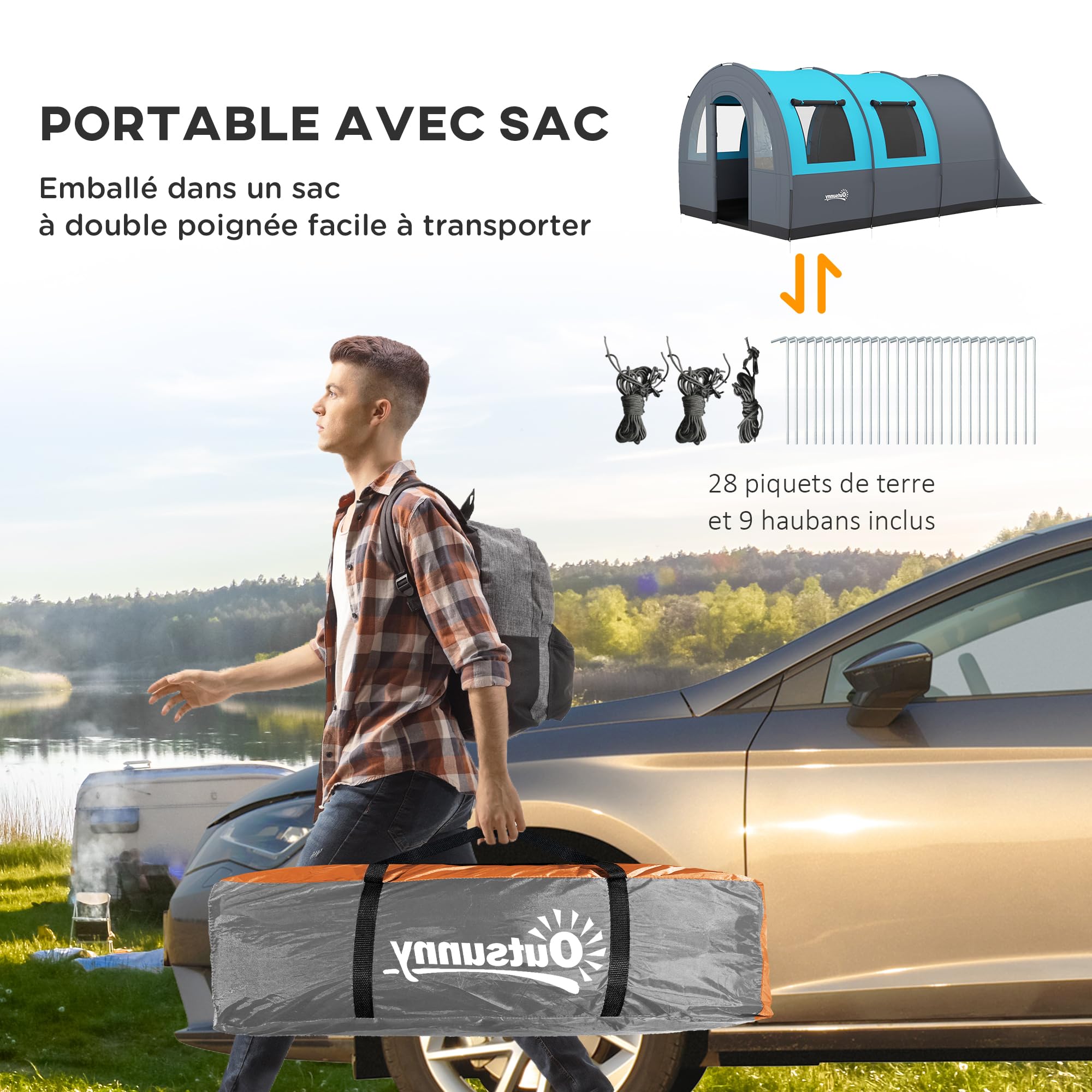 Outsunny Tente de Camping 3 Personnes Tente de Trekking légère ventilée étanche 3000 mm avec 2 Portes de Chambre et Sac de Transport Montage Facile, imperméable 480 x 260 x 200 cm