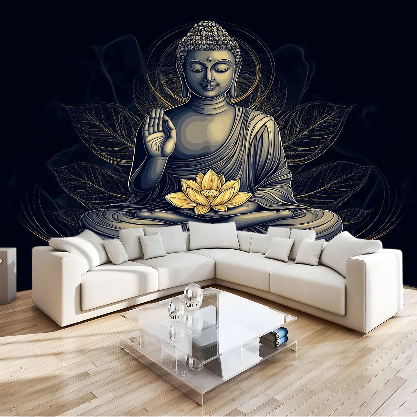 Generico Carta Da Parati Soggiorno Meditazione Loto Nero 250x175 cm Fotomurali Moda Decorazione da Muro Poster Carta per pareti 3D, per Camera Letto, Ufficio, Cameretta Bambini