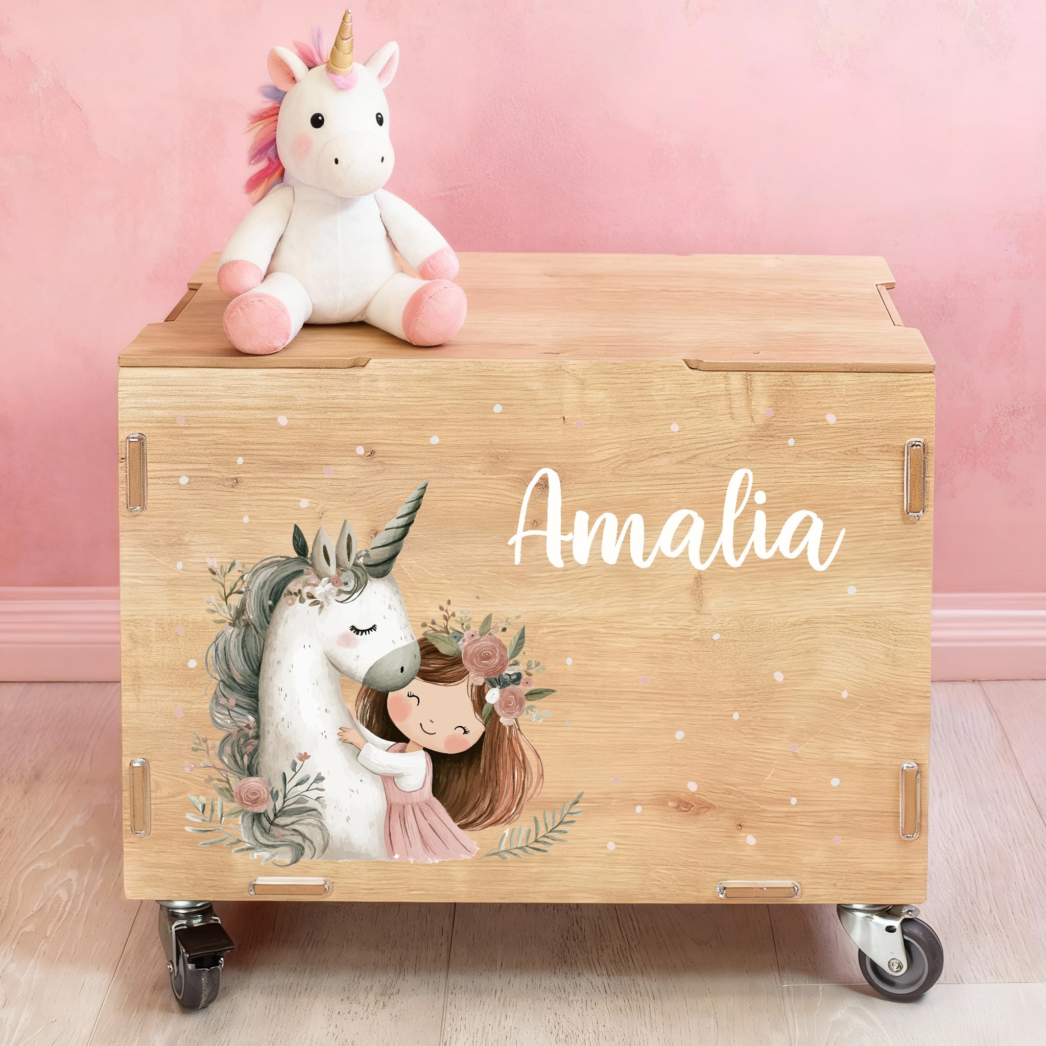 Striefchen® clipfritz Rollbox personalisiert mit Name – Personalisierbare Aufbewahrungsbox mit Rollen & Deckel – Spielzeugkiste aus Holz als Geschenk für Kinder (Einhorn)