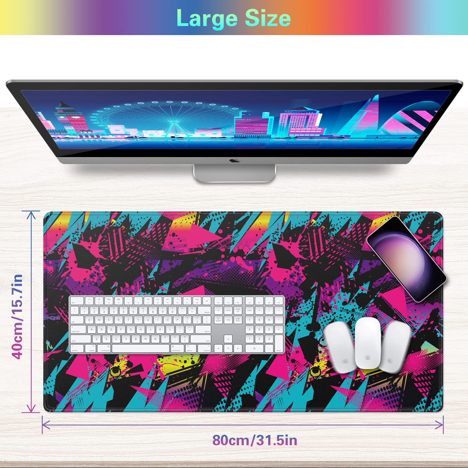 Canjoy Alfombrilla de mouse para juegos de 31.5 x 15.8 pulgadas, extendida, XXL, grande, para teclado de computadora, alfombrilla de escritorio con base antideslizante y de goma y borde cosido