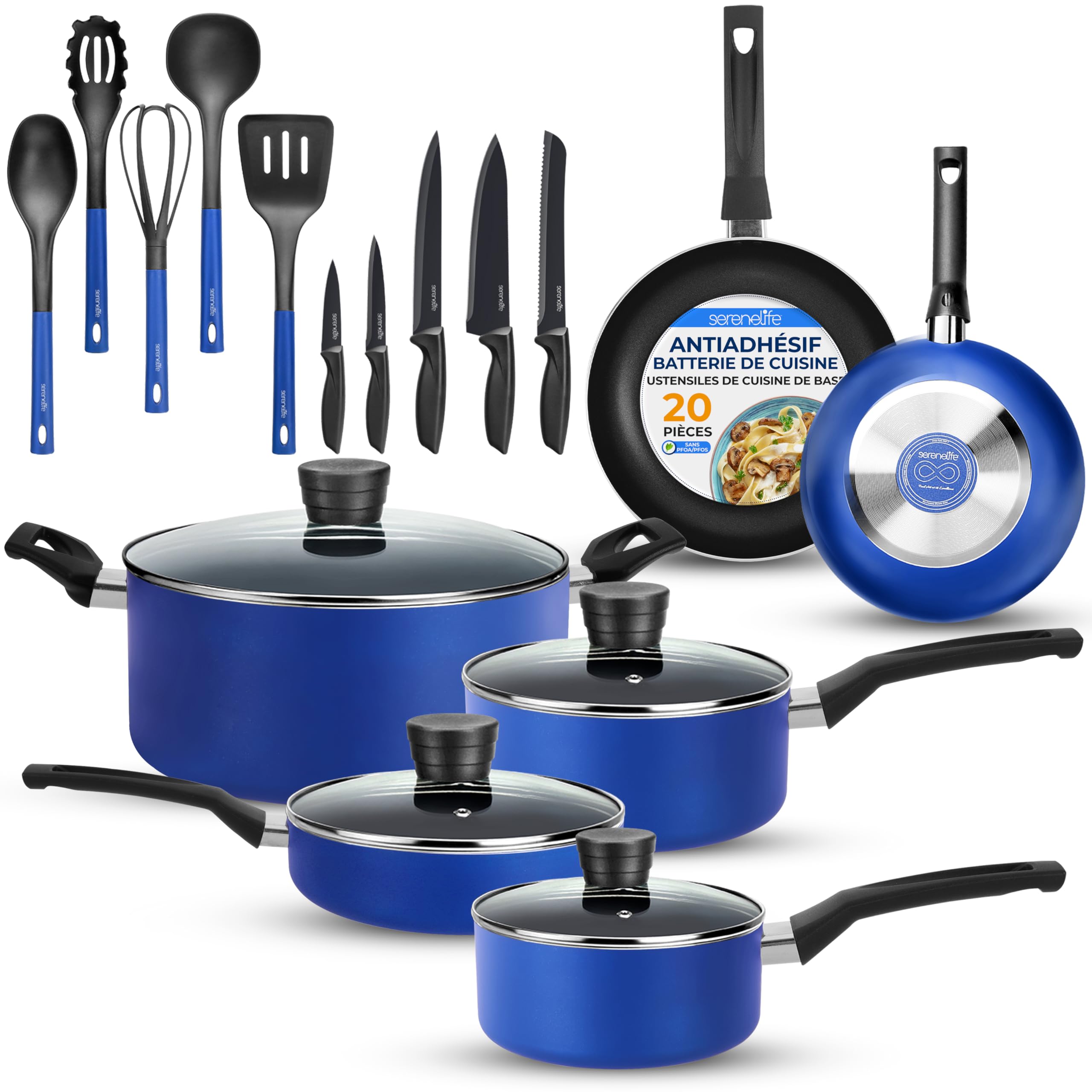 SereneLife Batterie de Cuisine 20 Pcs – Set de Casseroles, Poêles et Faitout Antiadhésif, Inclut Couvercles, Ustensiles et Couteaux, Compatible Gaz, Électrique et Lave-Vaisselle, Résistante Chaleur