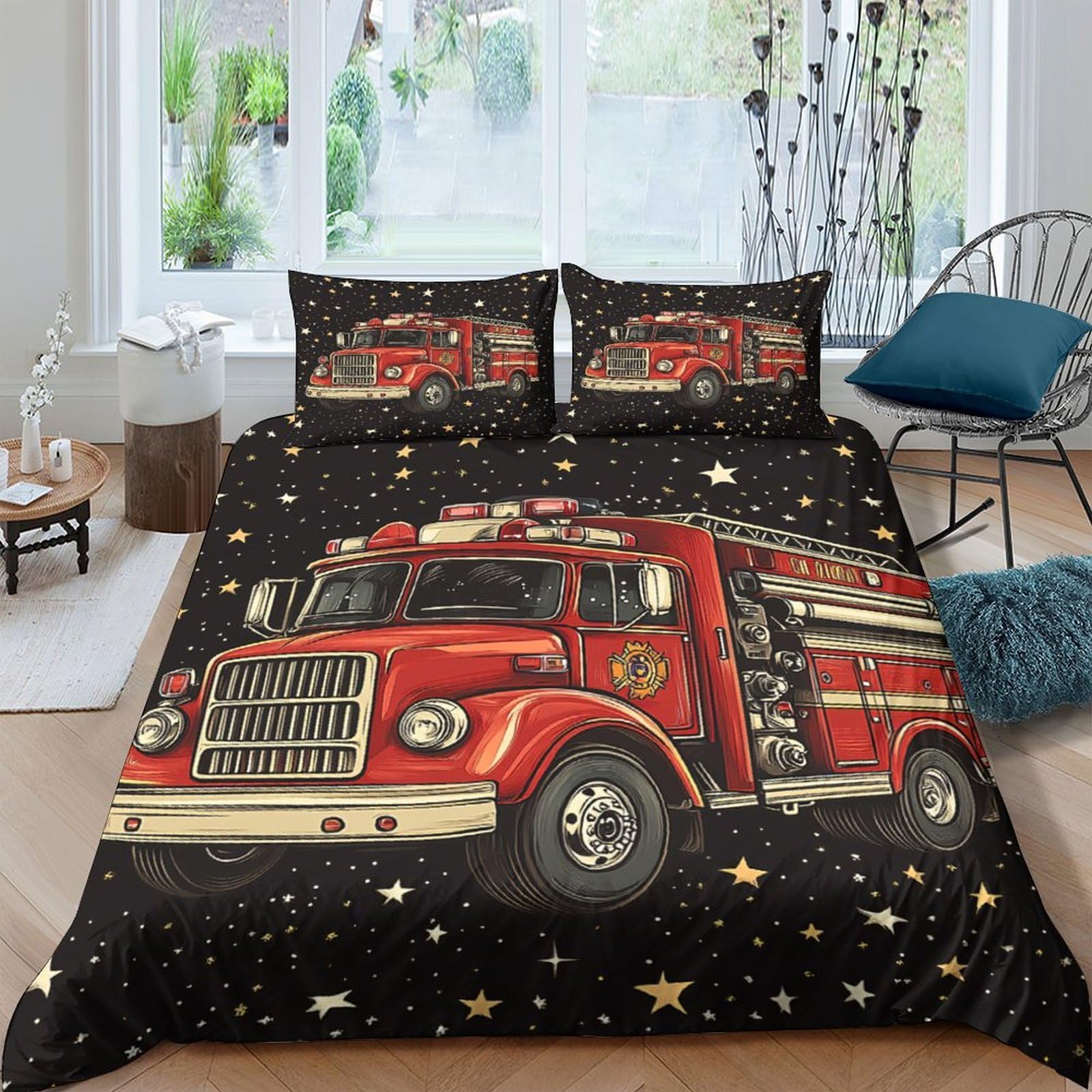 Ctjqhvkz Style-5 3D Printed Fire Truck Fitted Sheet Microfiber Red Decorative Bed Cover For Bedroom Dorm Mattress Protection Single（135X200cm）