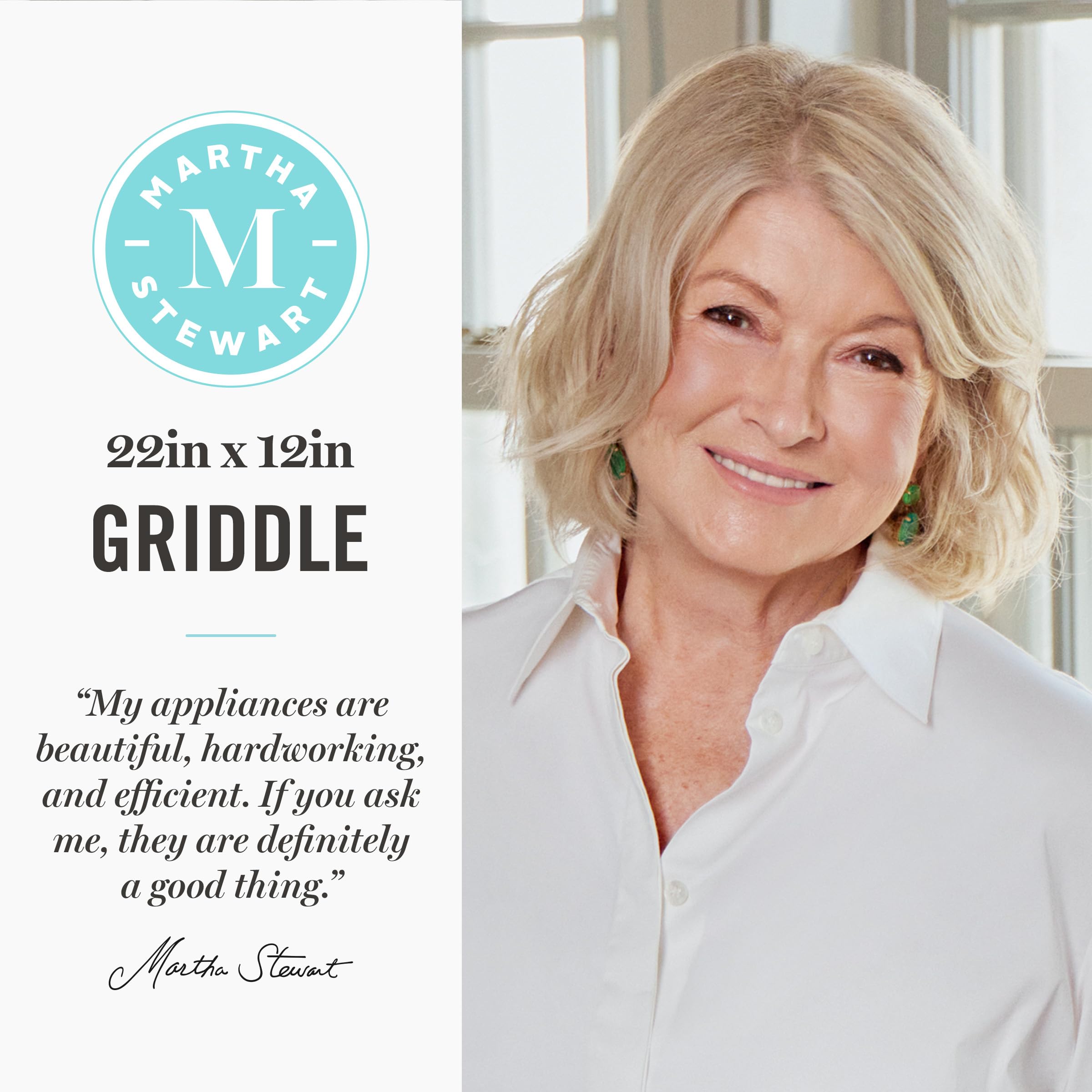 Martha Stewart 12” x 22” Electric Griddle, XL Ceramic Nonstick Flat Top Cooking Surface, Adjustable Temperature Dial, Drip Tray, Dishwasher Safe, 1500W Fast Even Heating, Pancakes & Eggs, Linen White - 3