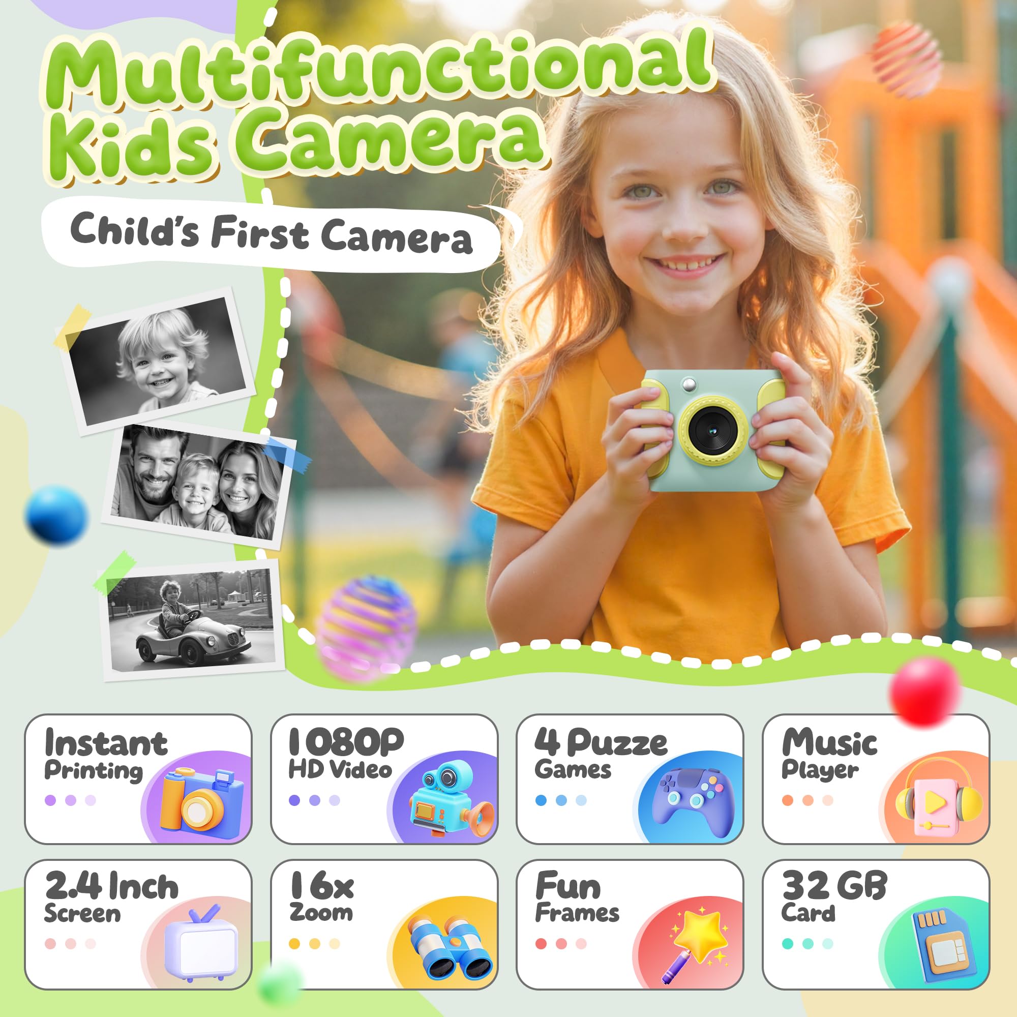 CalineGam Macchina Fotografica Bambini Istantanea, HD 1080P Fotocamera Istantanea per Bambini con Scheda 32G e Carta Fotografica, Regalo per Ragazze Ragazzi da 3-12 Anni (Verde)