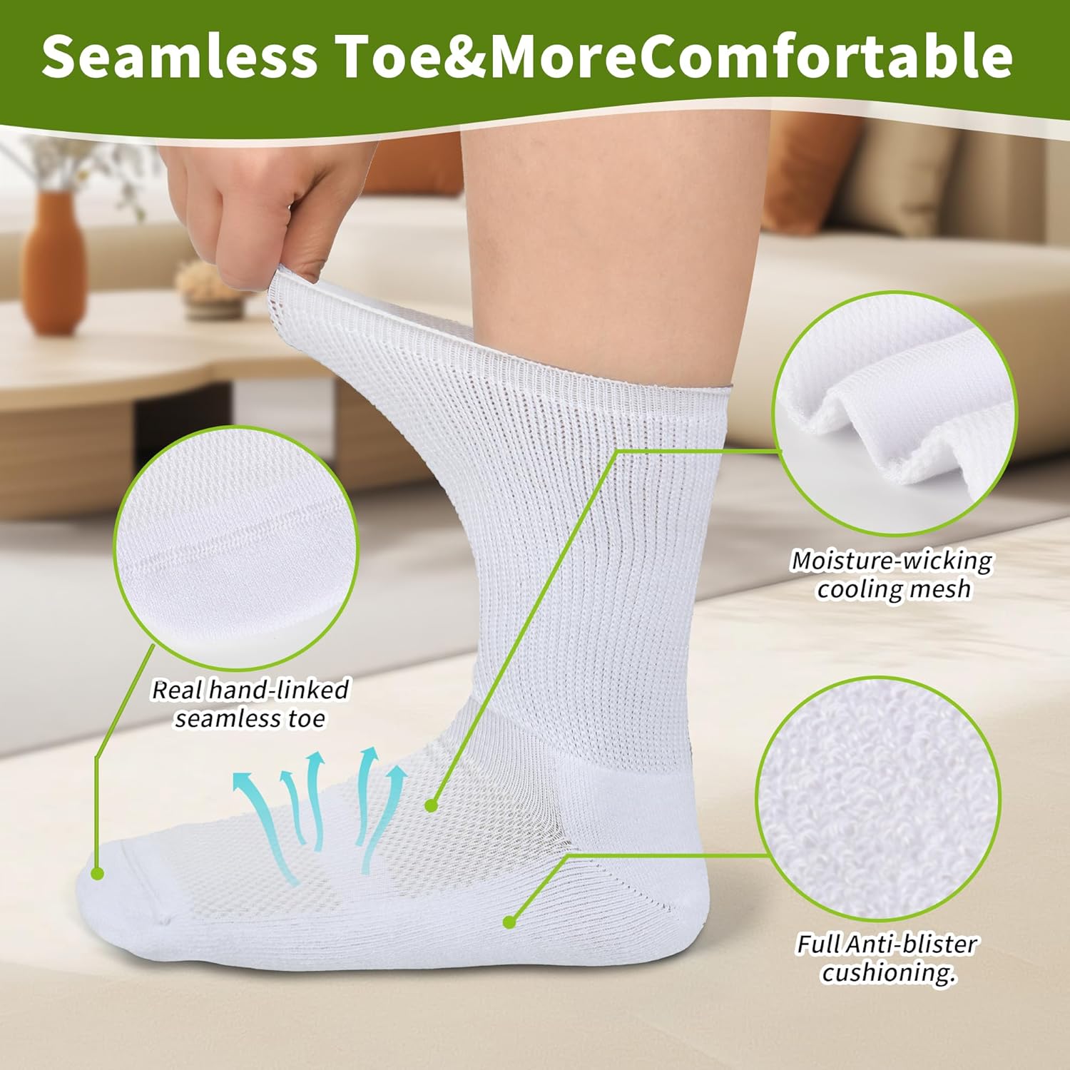 Diabetic Crew Socks for Men Women,Bamboo Viscose Non-Binding Loose Top Wide Socks with Seamless Toe 9-11 10-13 - Image 3