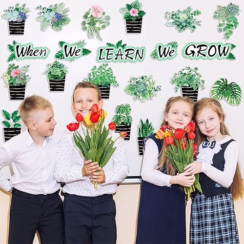 Miniatura 5 de Pajean 58 piezas de decoración de tablero de anuncios de plantas suculentas en maceta, decoración de eucalipto para el aula, When We Learn We Grow
