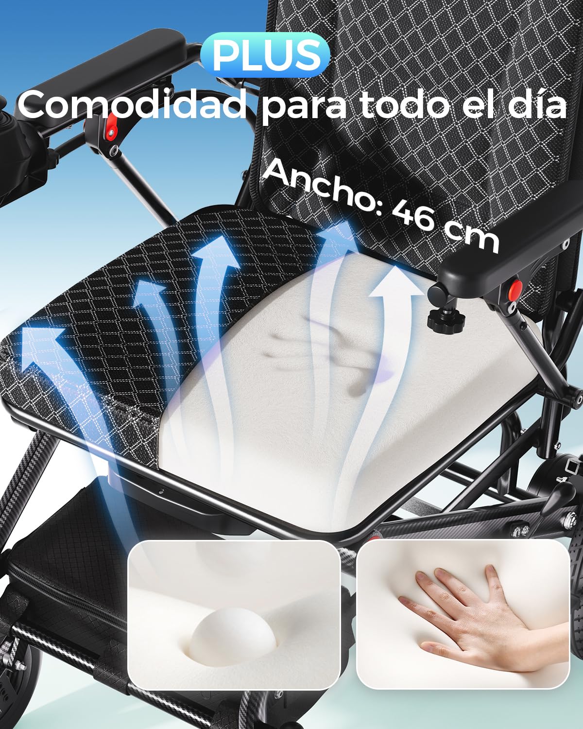 Silla de ruedas eléctrica plegable ligera para personas mayores y adultos, bastidor aluminio 19kg, batería litio 20Ah extraíble, doble motor 500W, carga 150kg
