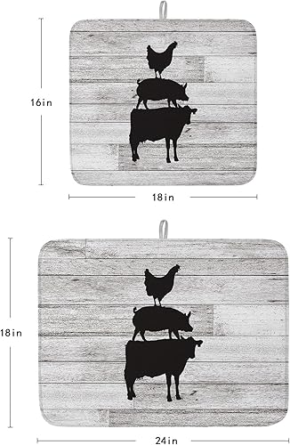 Miniatura 3 de Tapete de secado de platos con siluetas de vaca de pollo y cerdo para encimera de cocina, Farm Life Retro gris rayas de madera grano de microfibra