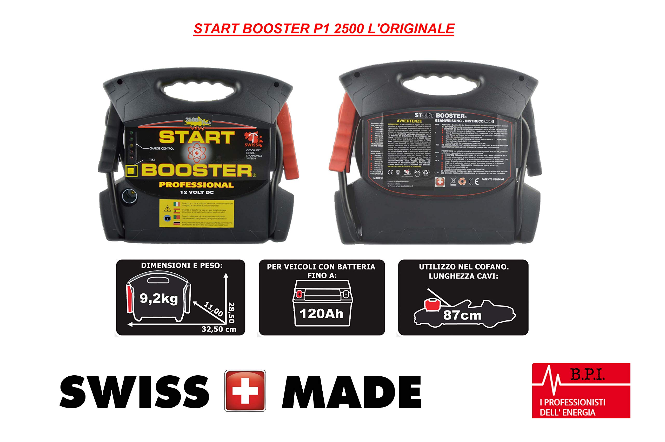 B.P.I. BPI Start Booster Avviamento Auto Professionale e Portatile - Avviatore Emergenza per Auto Veicoli Vari - P1 2500A Batteria 12v