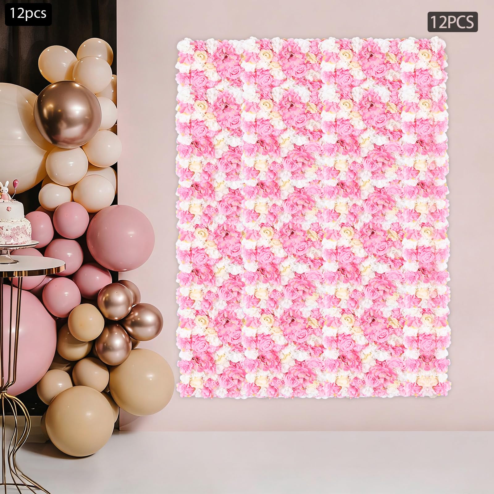 12 Stück Rosa Künstliche Blumen-Wandpaneel, 60 x 40CM Seide Rose Wanddekoration Blumenhintergrund Kunstblumen Deko Rosenwand Dahlienrose für Weddind Bühne Party Foto Hintergrund Heimdekoration