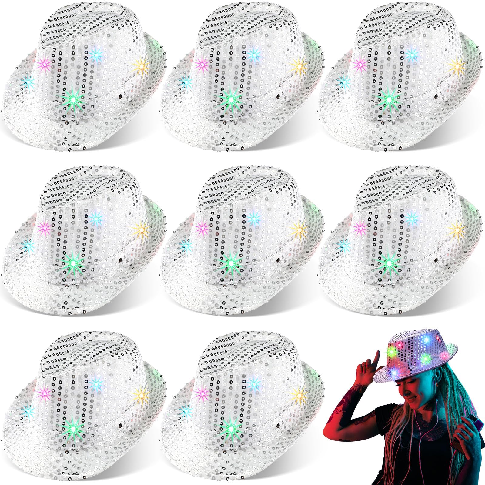 Coume 8 Pcs Light up Hats Bulk LED Cowboy Hat for Disco Halloween