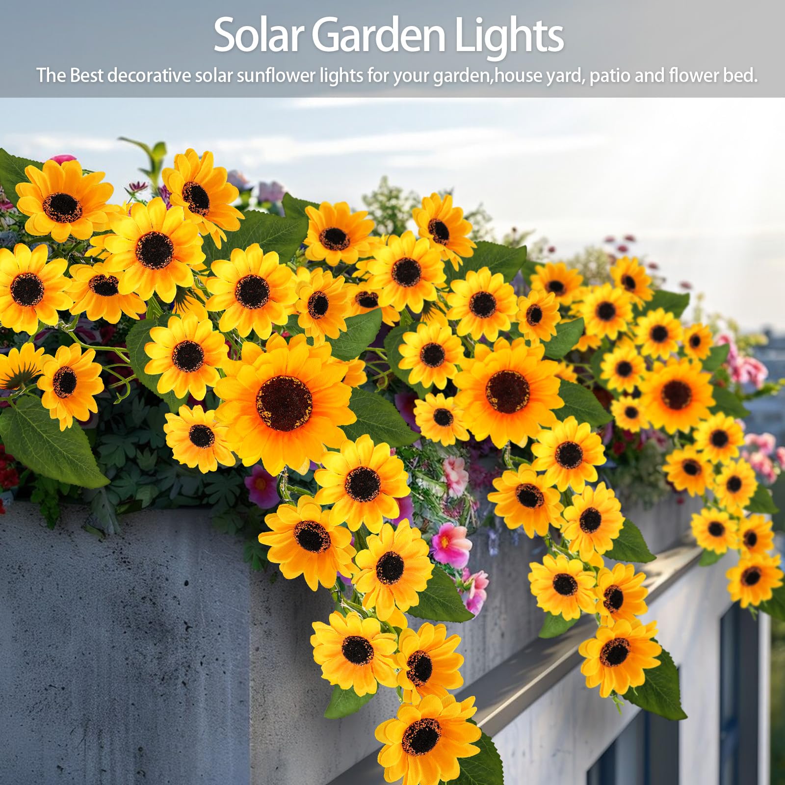 Luci solari da giardino per esterni, impermeabili, a forma di girasole, confezione da 2 luci a vite in salice con 90 LED, 23 girasole, illuminazione calda, accensione e spegnimento automatici, per