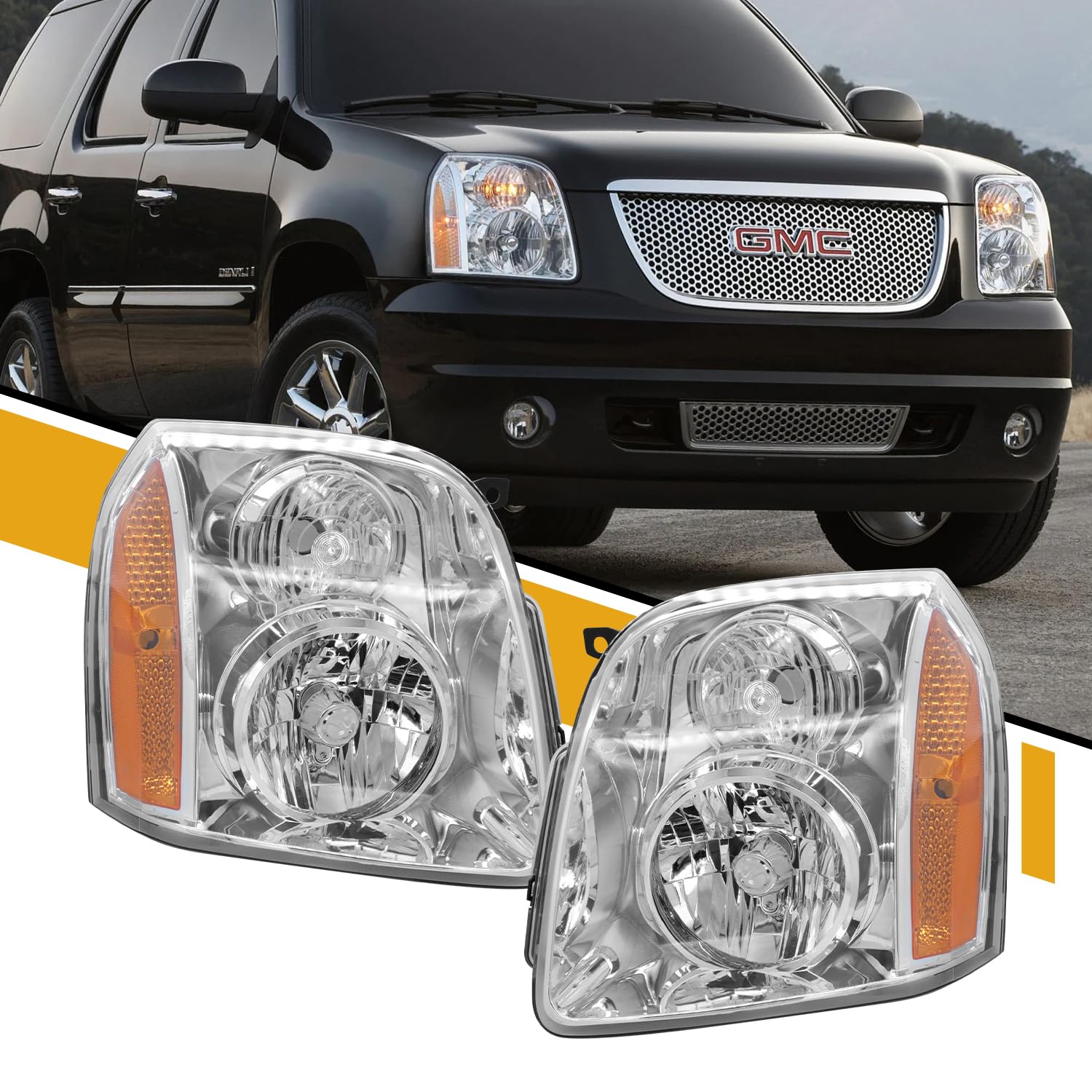 CLERYEE Headlight Pair Assembly Compatible with 2007-2014 GMC Yukon/Yukon XL 1500 2500 [Denali Style], Factory-Style Head Lamp Replaces 15861026 15861025, Chrome+Amber, Left and Right Side