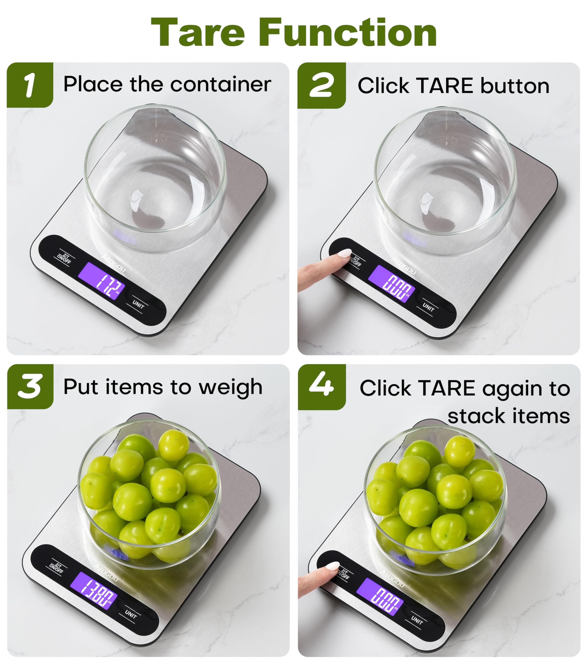 Atogou Báscula digital de cocina de 15 kg con pantalla LCD de visión completa | Superficie de acero inoxidable duradera, para cocinar, hornear, preparar comidas, color negro