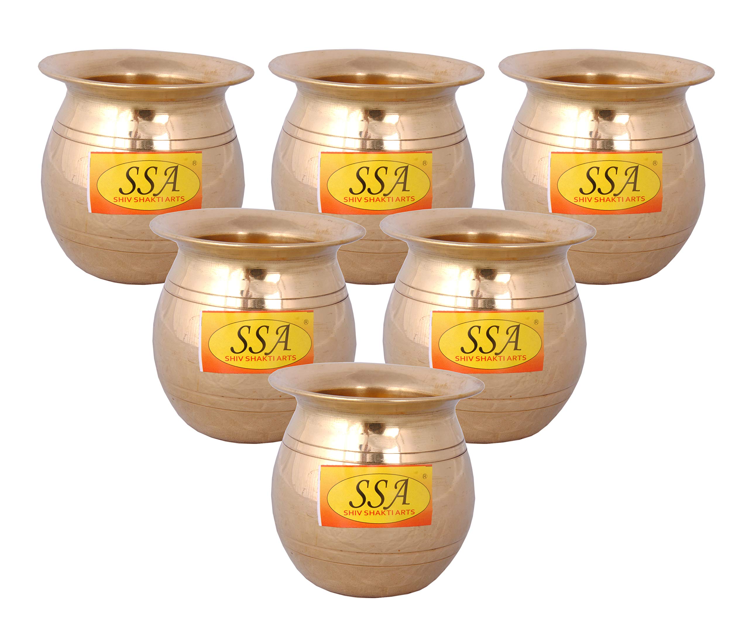 Shiv Shakti Arts Pure Brass Small Mini Pooja Kalash | Lota | Jal Patra | Worship Glass Set, Religious Spiritual Item, Home Temple Mini - 100 ML, Set of 6