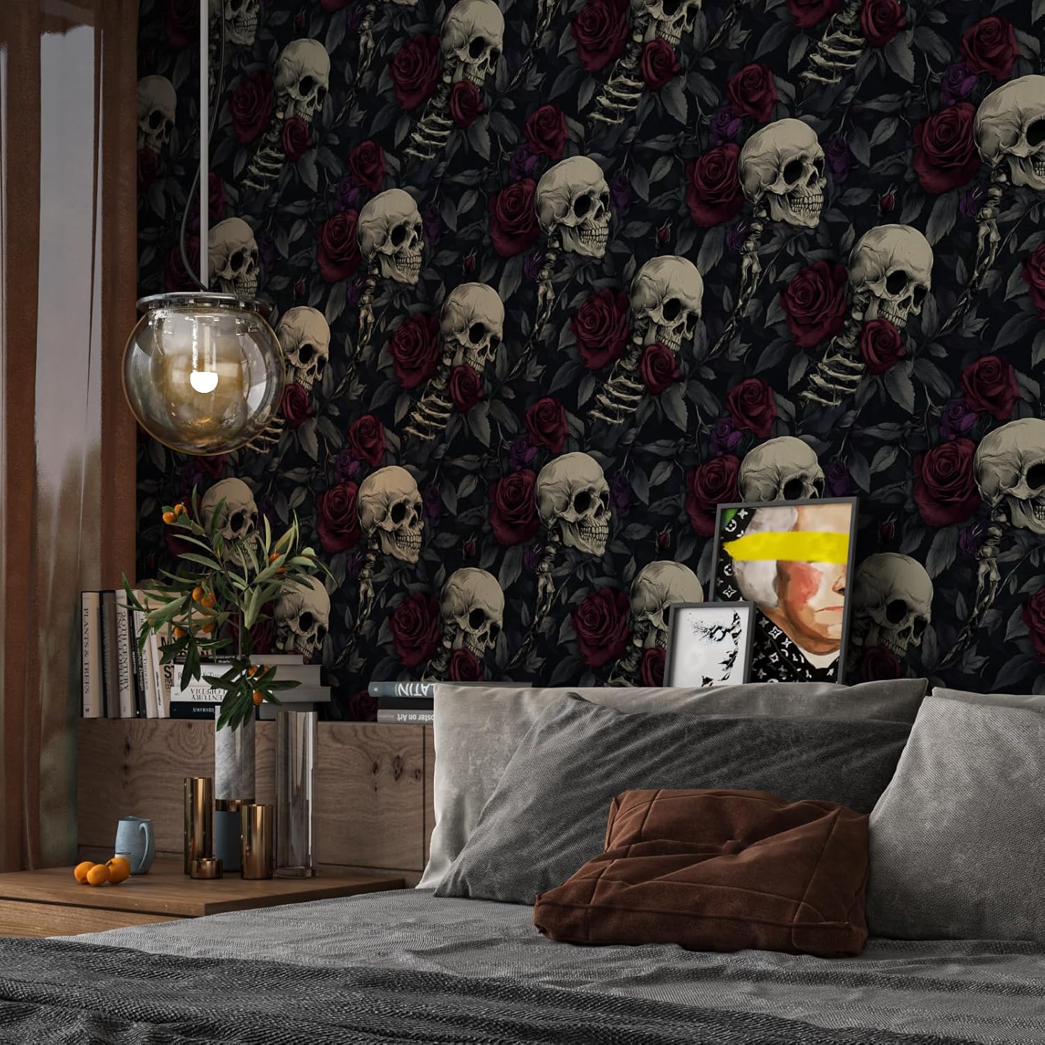 Extra Long Gothic Skeleton Peel and Stick Wallpaper, 17.5In x 393In Spooky Dark Skull Rose Self-Adhesive Wall Paper for Bathroom Cabinet Bookshelf Vinyl Contact Paper Black Grey Burgundy